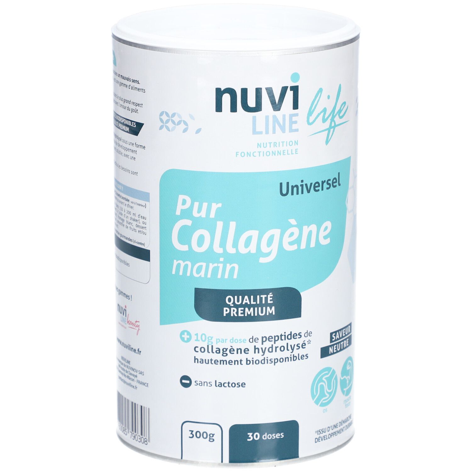 Boîte cylindrique "nuvi line". Inscription "Pur Collagène marin". Contient 30 doses, 300g. Saveur neutre.