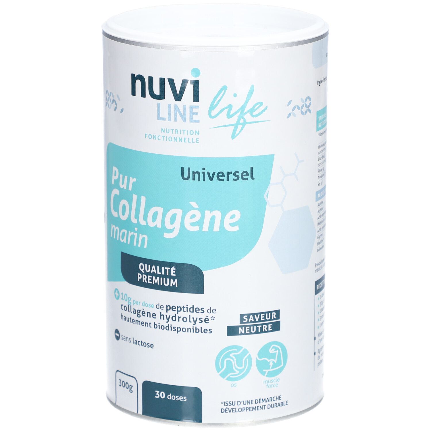 Boîte cylindrique "nuvi line". Inscription "Pur Collagène marin". Contient 30 doses, 300g. Saveur neutre.