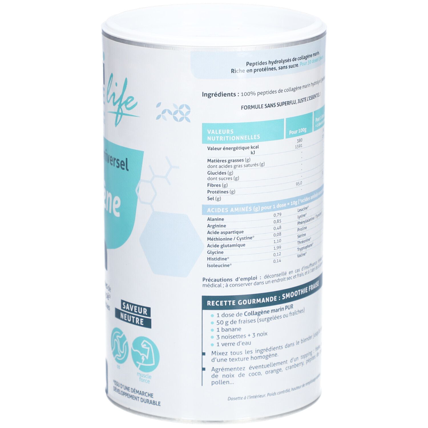 Dos de la boîte. Informations nutritionnelles, profil des acides aminés et recette de smoothie. Logos et certifications.