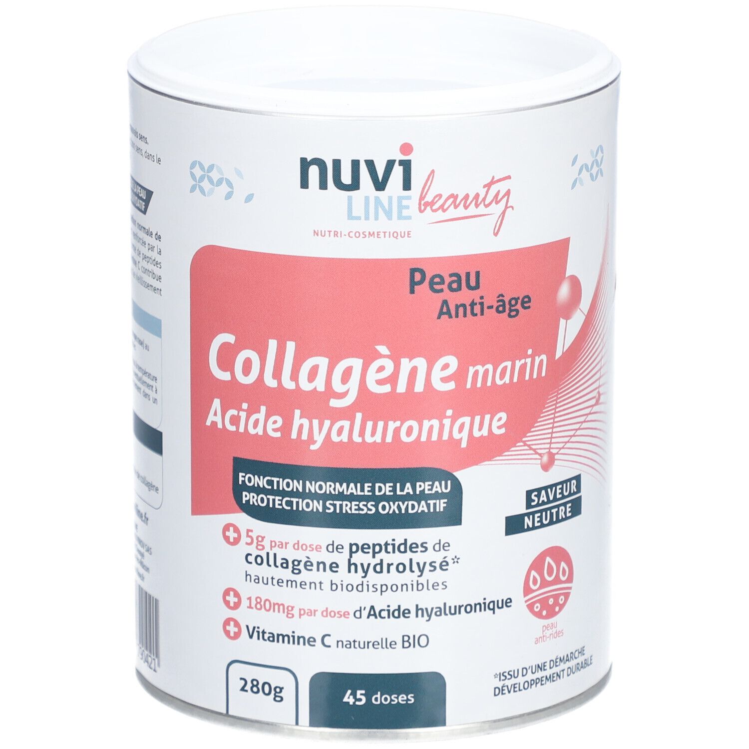 Boîte cylindrique avec informations produit. Inscription: Collagène marin, Acide hyaluronique. 280g, 45 doses.
