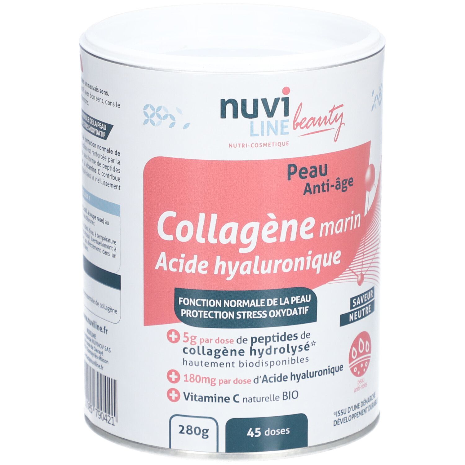 Boîte cylindrique avec informations produit. Inscription: Collagène marin, Acide hyaluronique. 280g, 45 doses.
