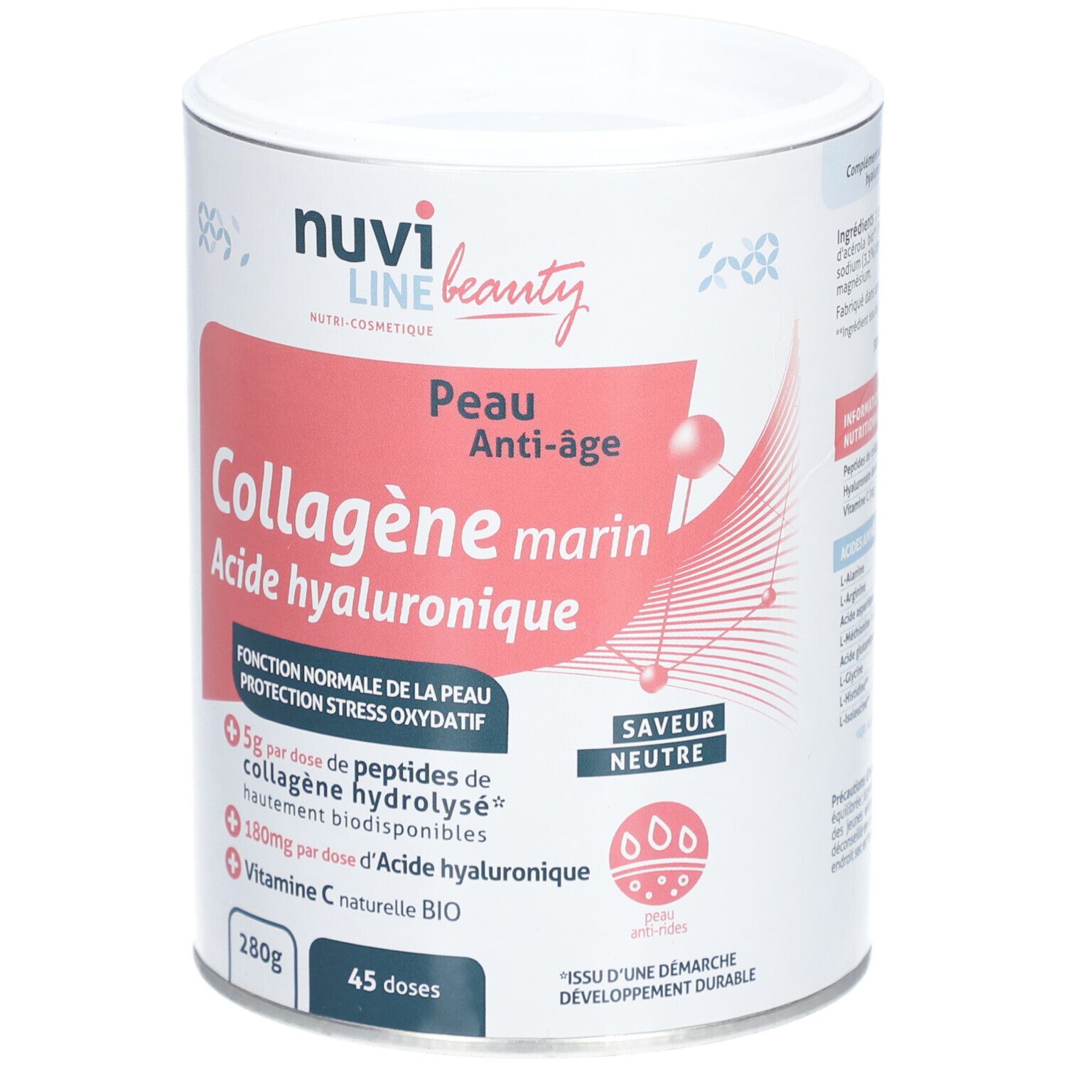 Boîte cylindrique avec informations produit. Inscription: Collagène marin, Acide hyaluronique. 280g, 45 doses.