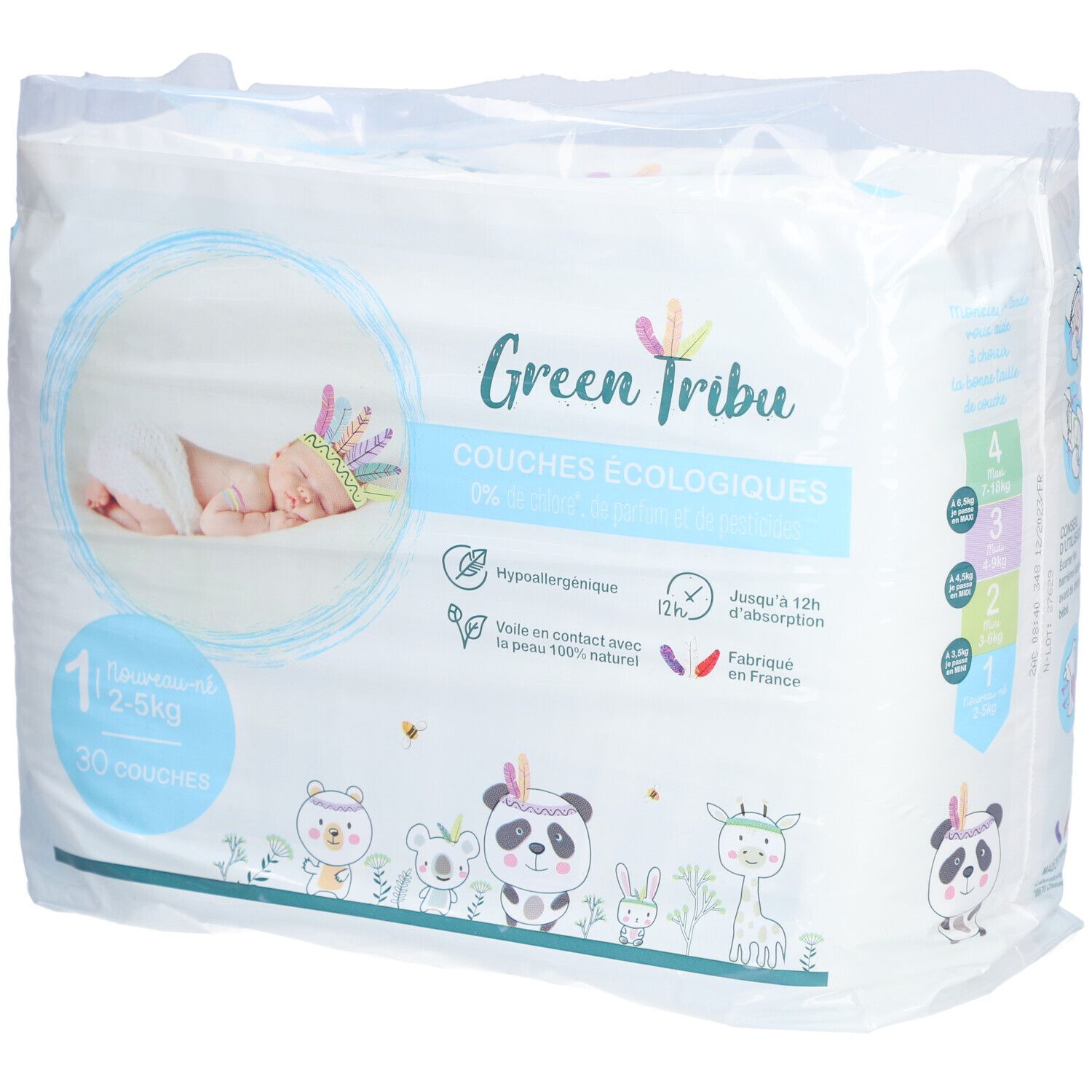 Paquet de couches avec illustration de bébé. Texte: Green Tribu, Couches Ecologiques, 0% Chlor, 1 Neugebornes, 2-5 kg, 30 couches.