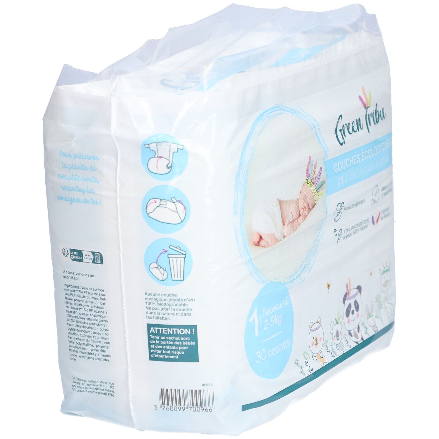 Paquet de couches, dos. Illustrations, texte: Green Tribu, Couches Ecologiques, 1 Neugebornes, 2-5 kg, 30 couches. Conseils d'élimination.