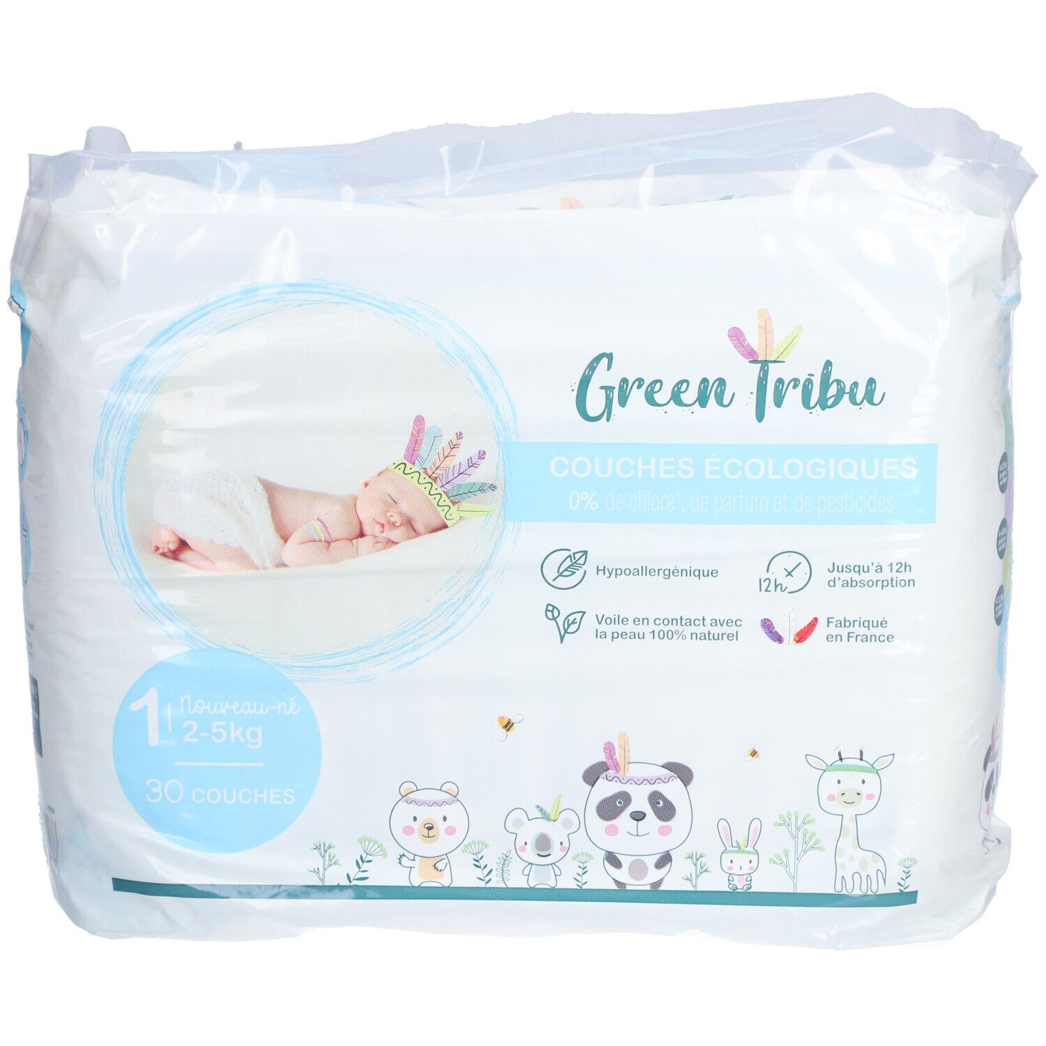 Paquet de couches avec illustration de bébé. Texte: Green Tribu, Couches Ecologiques, 0% Chlor, 1 Neugebornes, 2-5 kg, 30 couches.