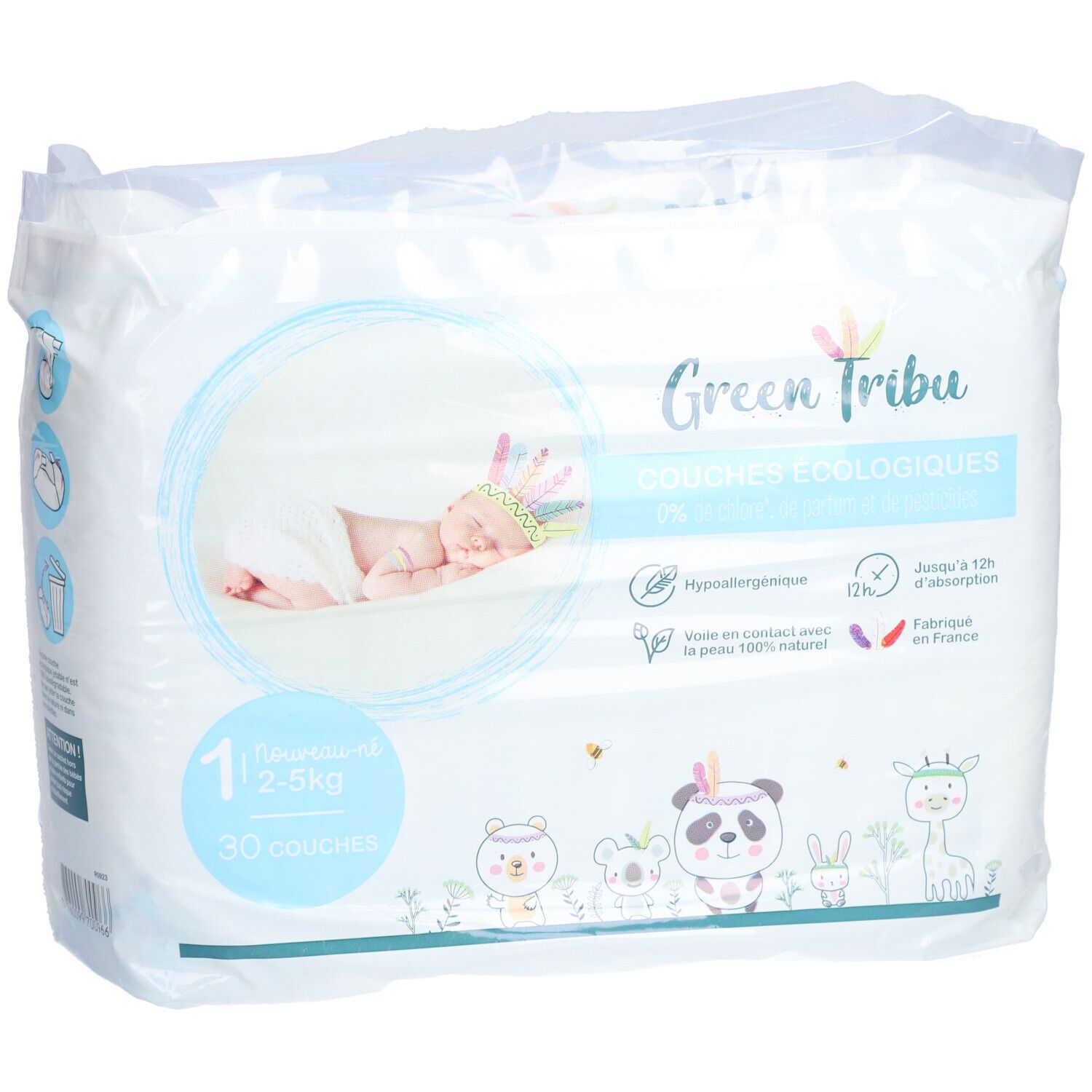 Paquet de couches avec illustration de bébé. Texte: Green Tribu, Couches Ecologiques, 0% Chlor, 1 Neugebornes, 2-5 kg, 30 couches.