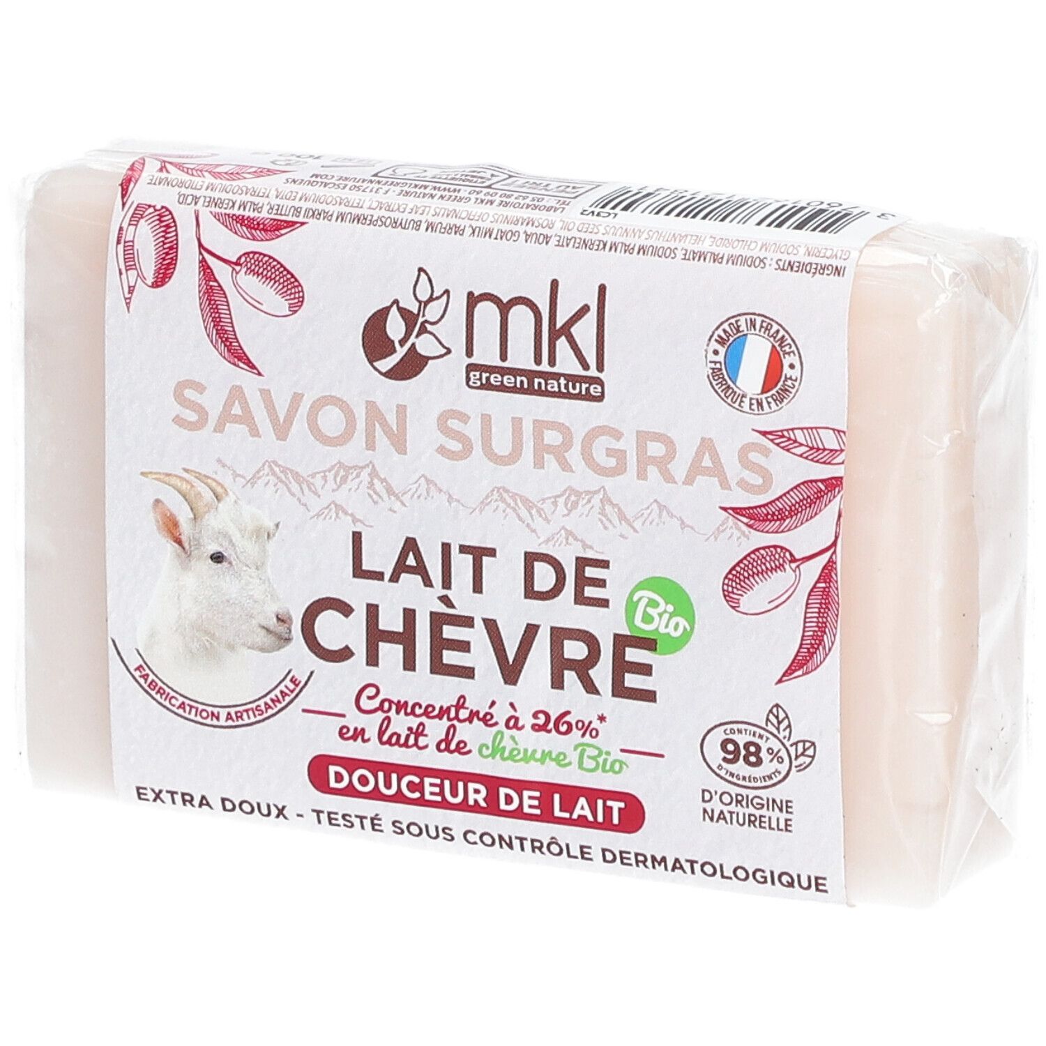 Seife in Folie verpackt. Aufdruck: mkl green nature, Savon Surgras, Lait de Chèvre Bio, 98% d'origine naturelle. Mit Ziegenkopf-Illustration.