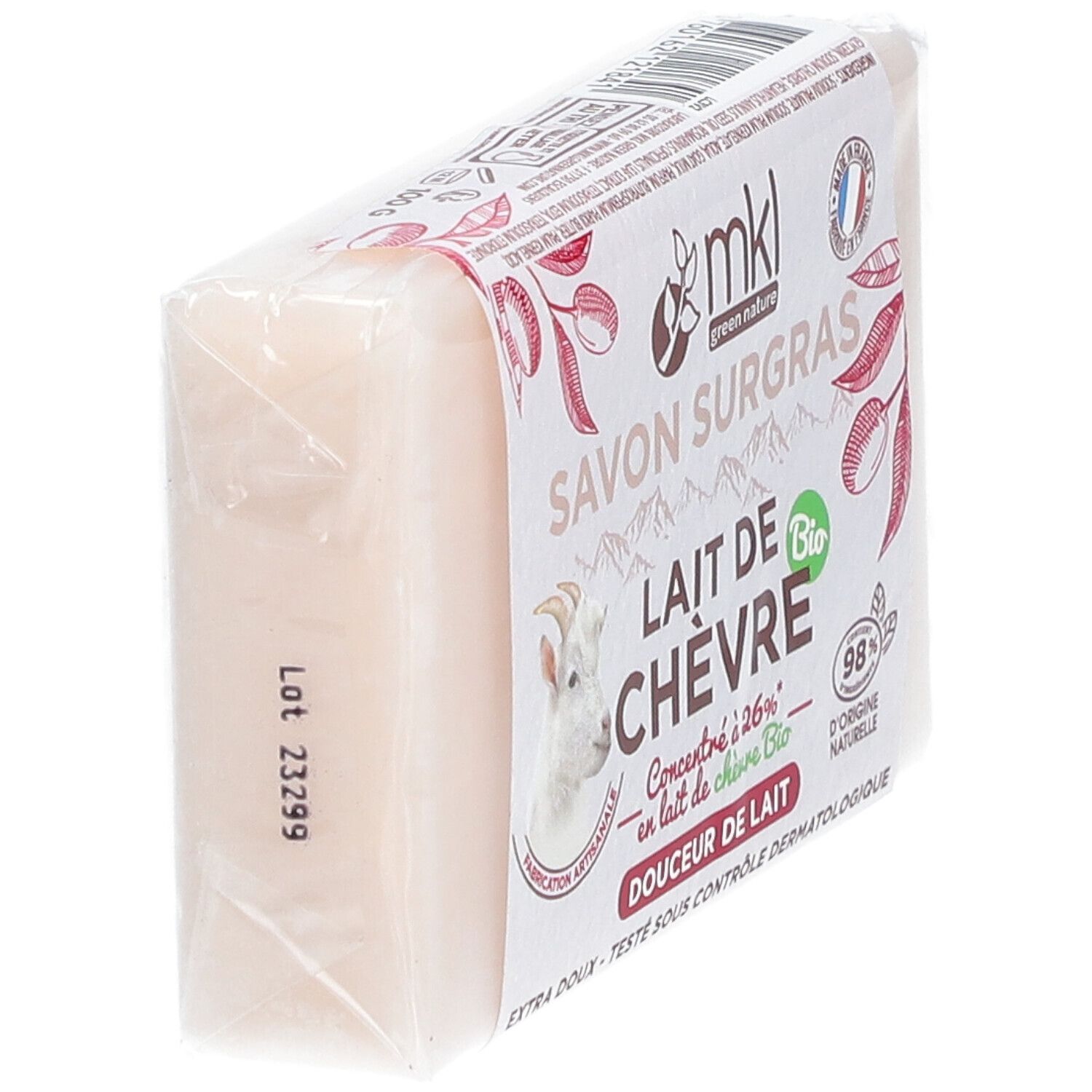 Verpackte Seife. Aufdruck: mkl green nature, Savon Surgras, Lait de Chèvre Bio. Mit Ziegenkopf-Illustration. Sichtbar: Lot 23299.