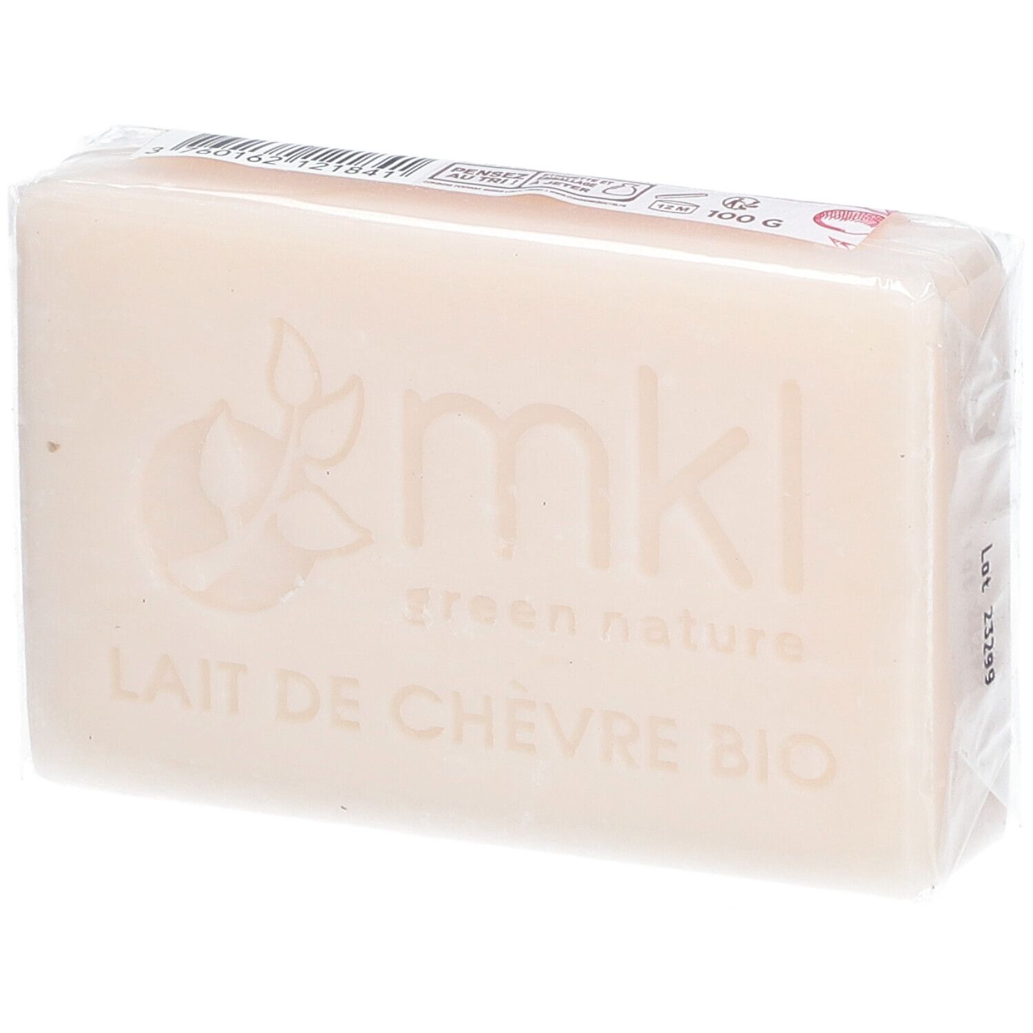 Verpackte Seife. Aufdruck: mkl green nature, Lait de Chèvre Bio. Mit Logo und 100 g. Sichtbar: Lot 23299.