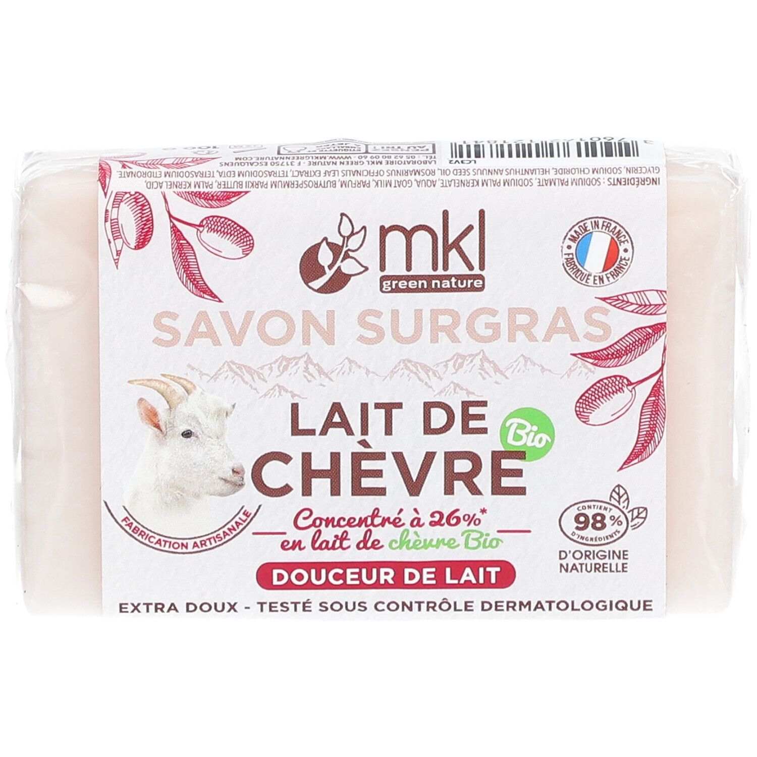 Verpackte Seife. Aufdruck: mkl green nature, Savon Surgras, Lait de Chèvre Bio, 98% d'origine naturelle. Mit Ziegenkopf-Illustration.