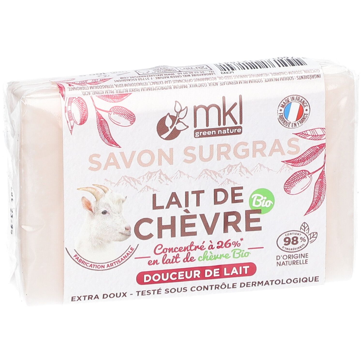 Verpackte Seife. Aufdruck: mkl green nature, Savon Surgras, Lait de Chèvre Bio, 98% d'origine naturelle. Mit Ziegenkopf-Illustration.
