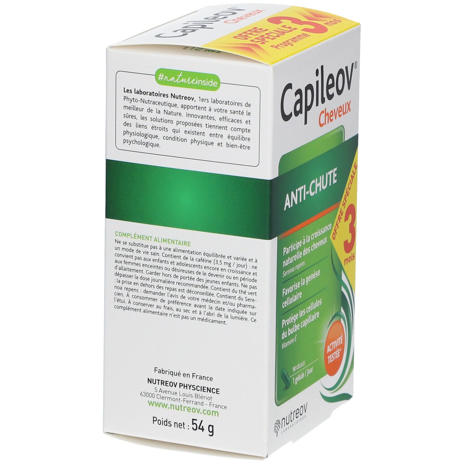 Dos de la boîte Capileov® Anti-chute. Informations textuelles, adresse du fabricant et poids : 54 g.