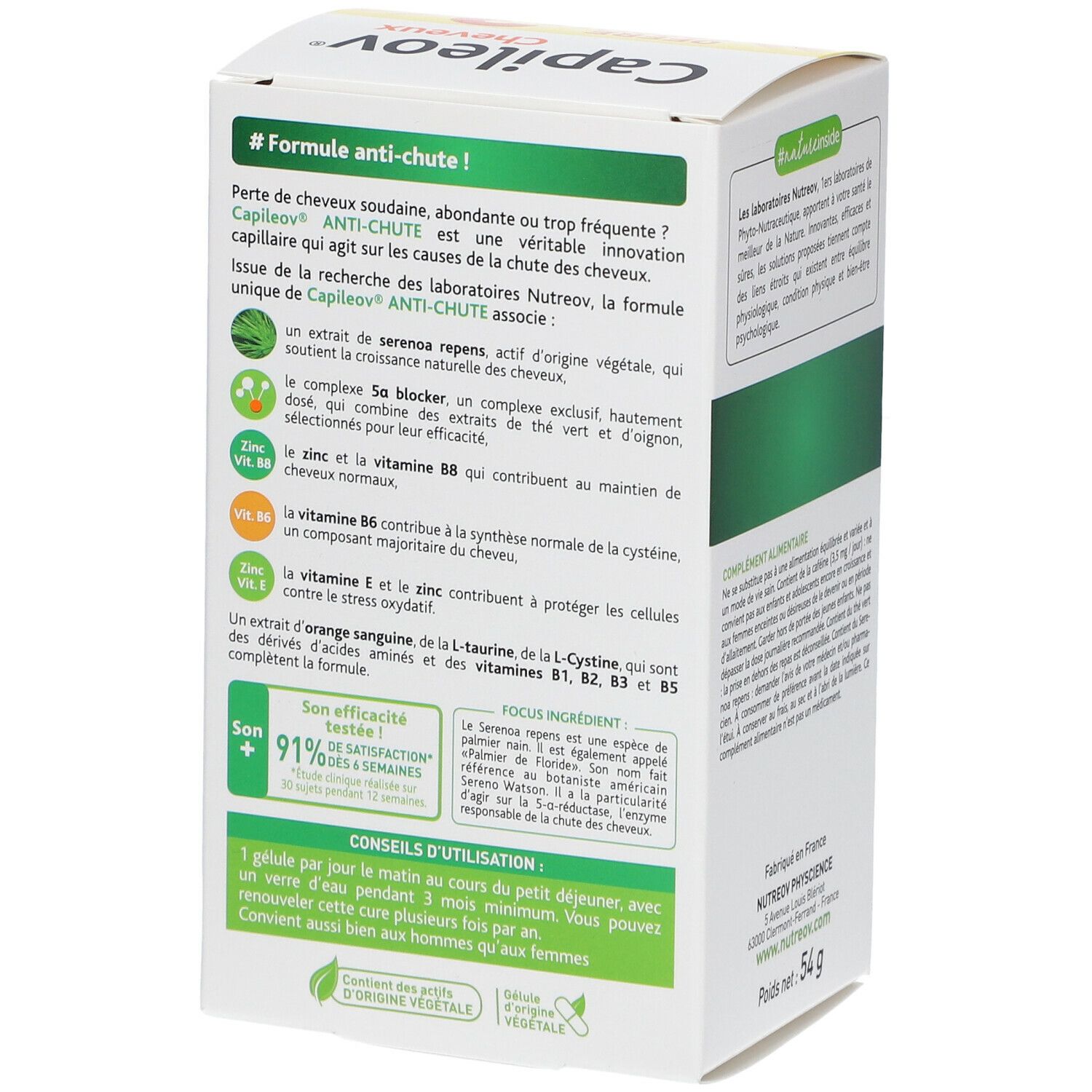 Boîte Capileov® Anti-chute. Détail des ingrédients et conseils d'utilisation. Poids : 54 g.