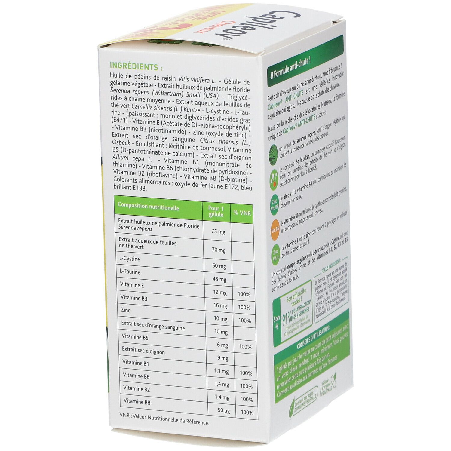Détail des ingrédients et tableau nutritionnel de la boîte Capileov® Anti-chute.