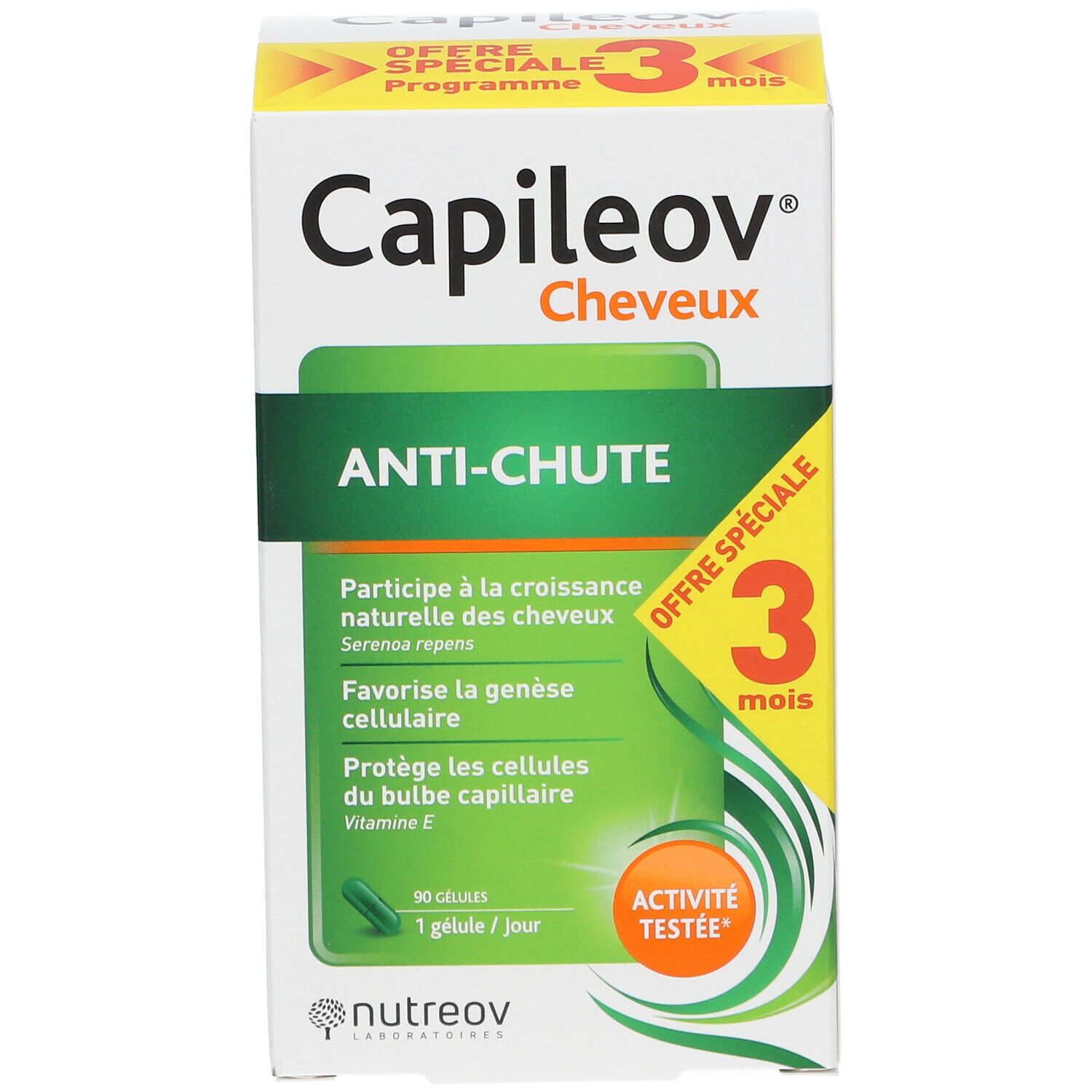 Boîte Capileov® Anti-chute. Design vert et blanc, nom et logo du produit. 90 gélules.