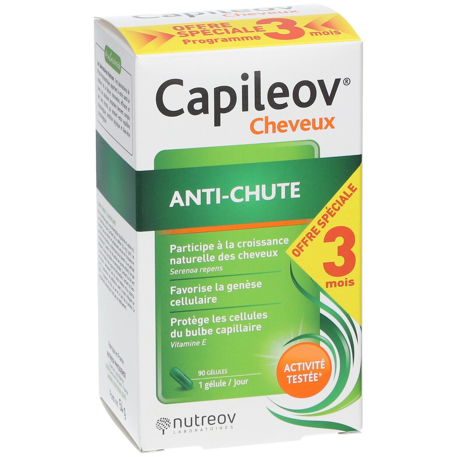 Boîte Capileov® Anti-chute. Design vert et blanc, nom et logo du produit. 90 gélules.
