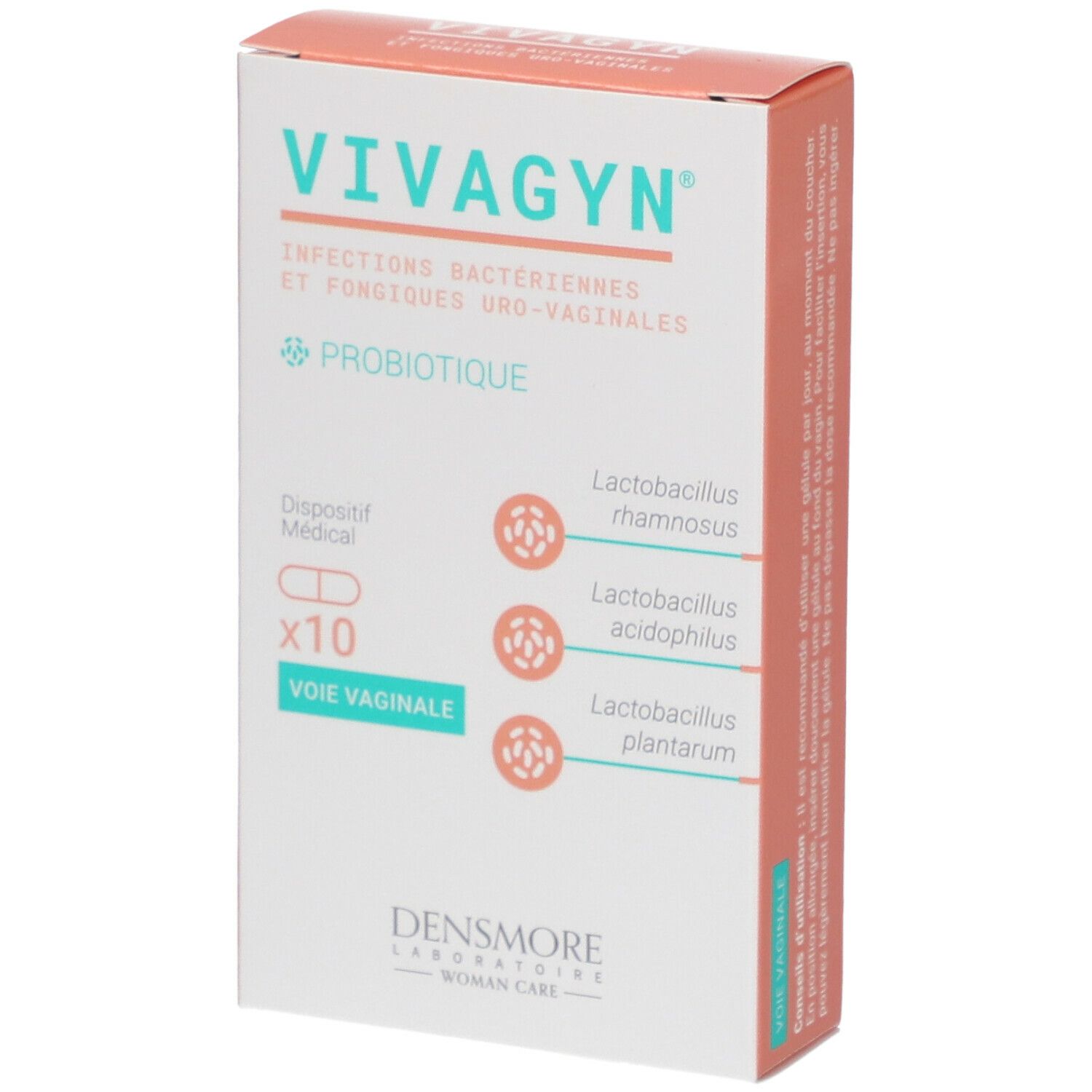 Boîte de Vivagyn. Inscriptions : Infections bactériennes, probiotique, 10 gélules vaginales. Fabricant : Densmore.
