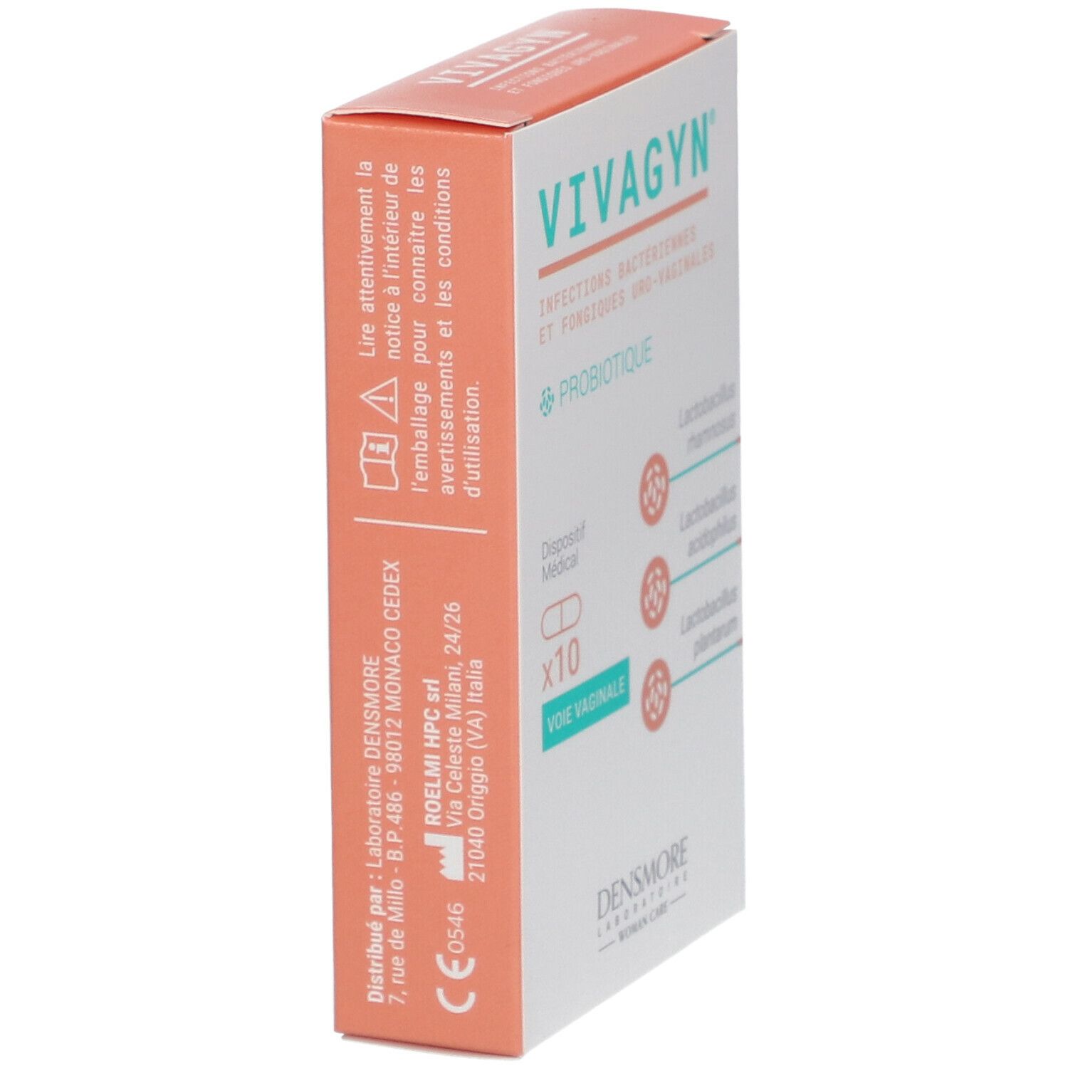 Vue latérale de la boîte Vivagyn. Inscriptions : Vivagyn, probiotique, 10 gélules vaginales. Fabricant : Densmore.