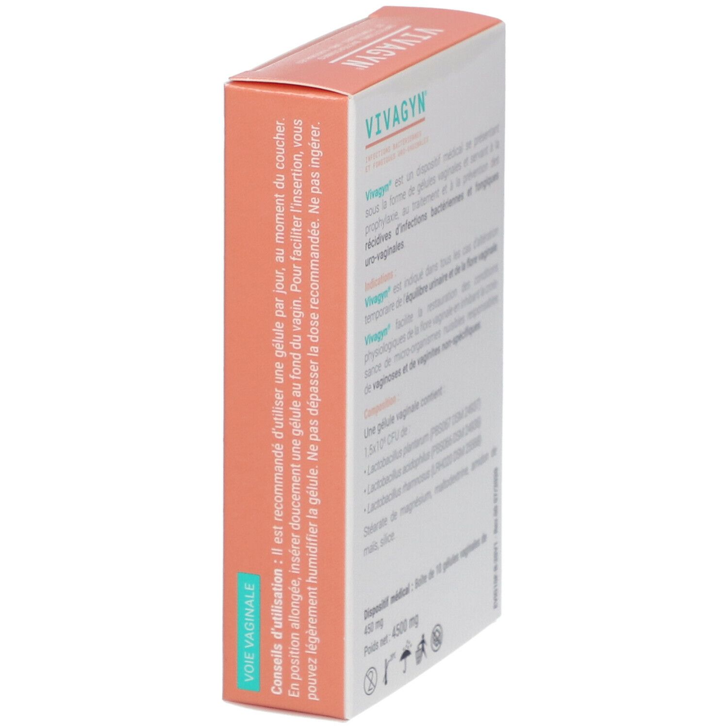 Vue latérale de la boîte Vivagyn. Texte : Conseils d'utilisation, ingrédients, 400 mg. Fabricant : Densmore.