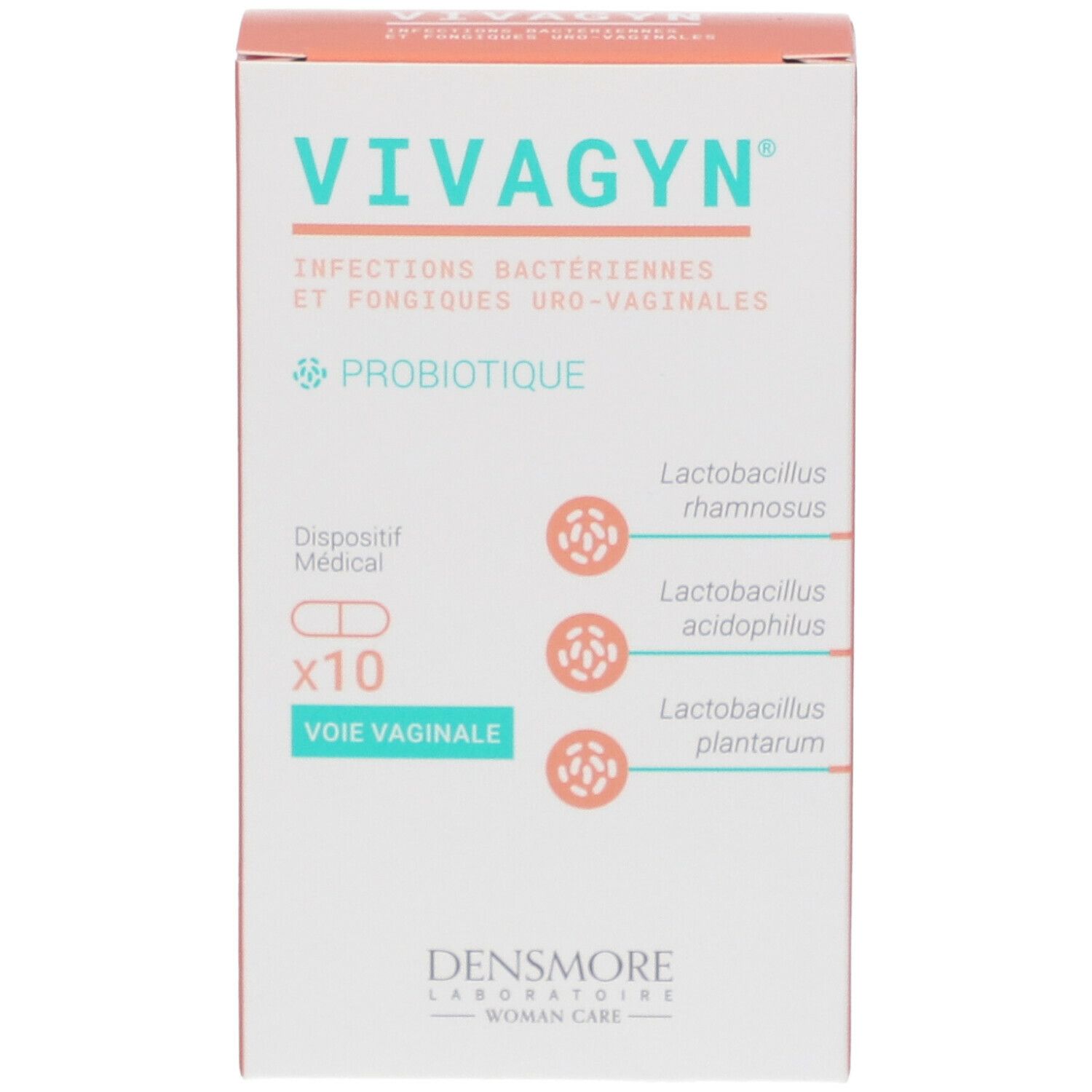 Boîte de Vivagyn. Inscriptions : Infections bactériennes, probiotique, 10 gélules vaginales. Fabricant : Densmore.
