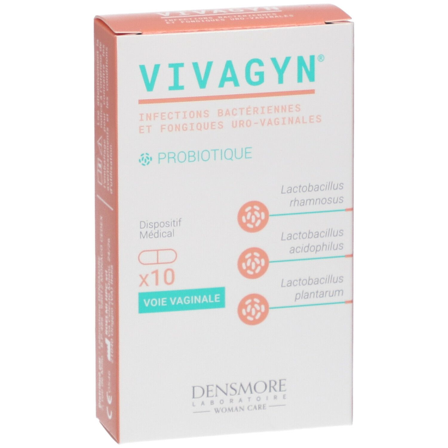 Boîte de Vivagyn. Inscriptions : Infections bactériennes, probiotique, 10 gélules vaginales. Fabricant : Densmore.