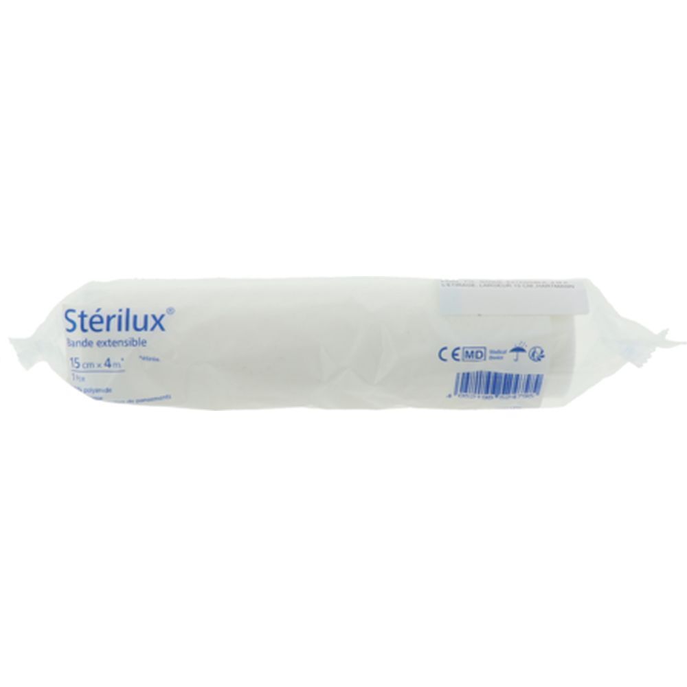 Rouleau de bandage extensible Stérilux, 15 cm x 4 m, emballé.