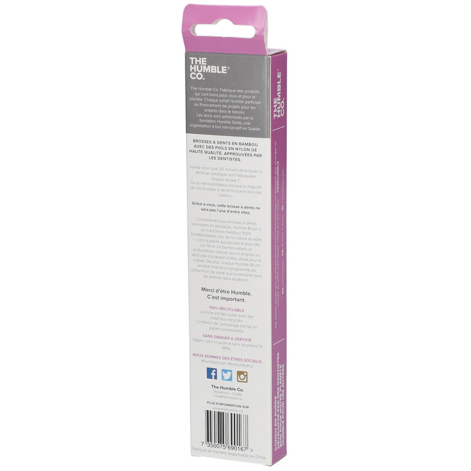 Verpackung mit Produktinformationen. Logo und Text auf der Seite. Bambuszahnbürsten mit rosa Borsten.