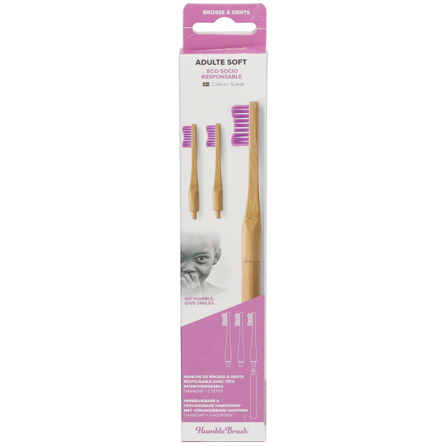 Zahnbürsten-Set mit drei Bambuszahnbürstenköpfen und einer Zahnbürste. Rosa Borsten, Verpackung mit Produktinformationen.