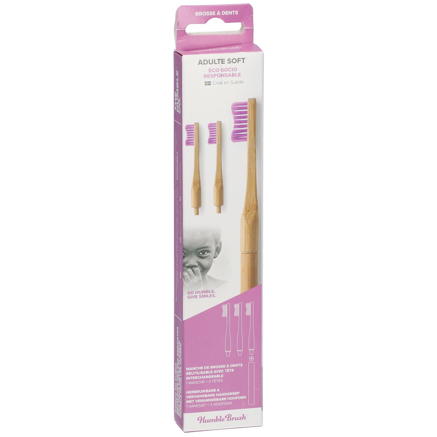 Zahnbürsten-Set mit drei Bambuszahnbürstenköpfen und einer Zahnbürste. Rosa Borsten, Verpackung mit Produktinformationen.