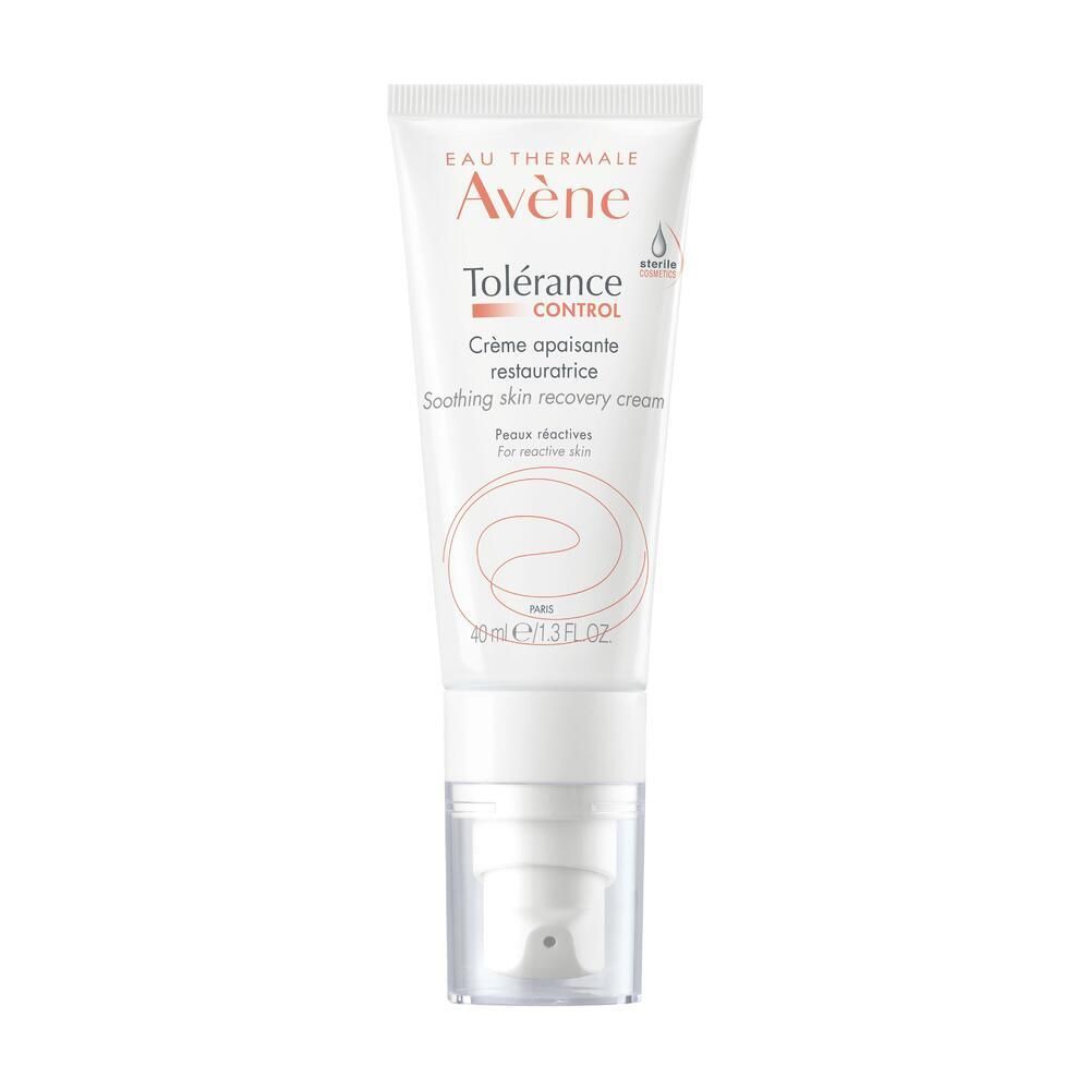Tube blanc "Avène Tolérance CONTROL". Nom du produit et logo visibles. Avec distributeur.