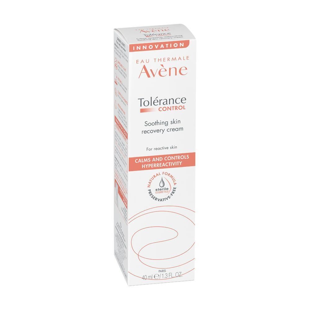 Emballage carton. Nom du produit "Avène Tolérance CONTROL" et logo. Couleurs rouge et blanc.