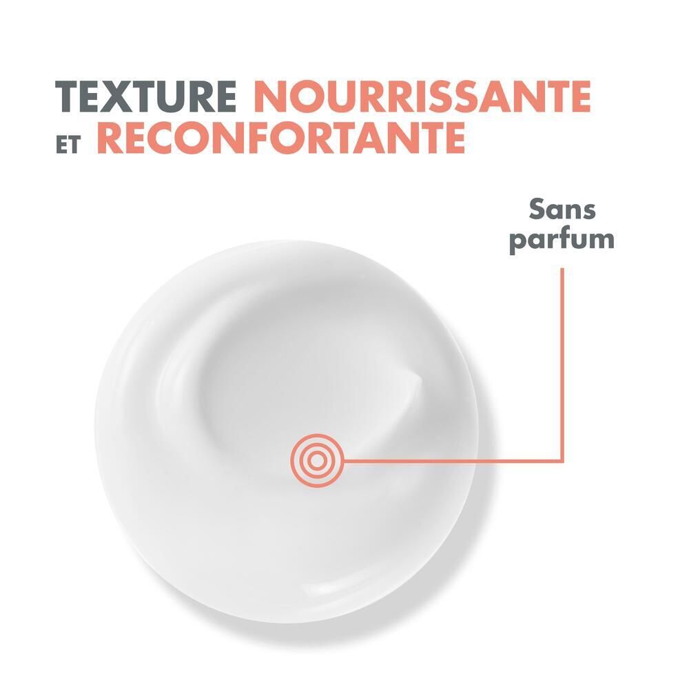 Produit blanc sur fond blanc. Texte "Sans parfum". Texture du produit visible.