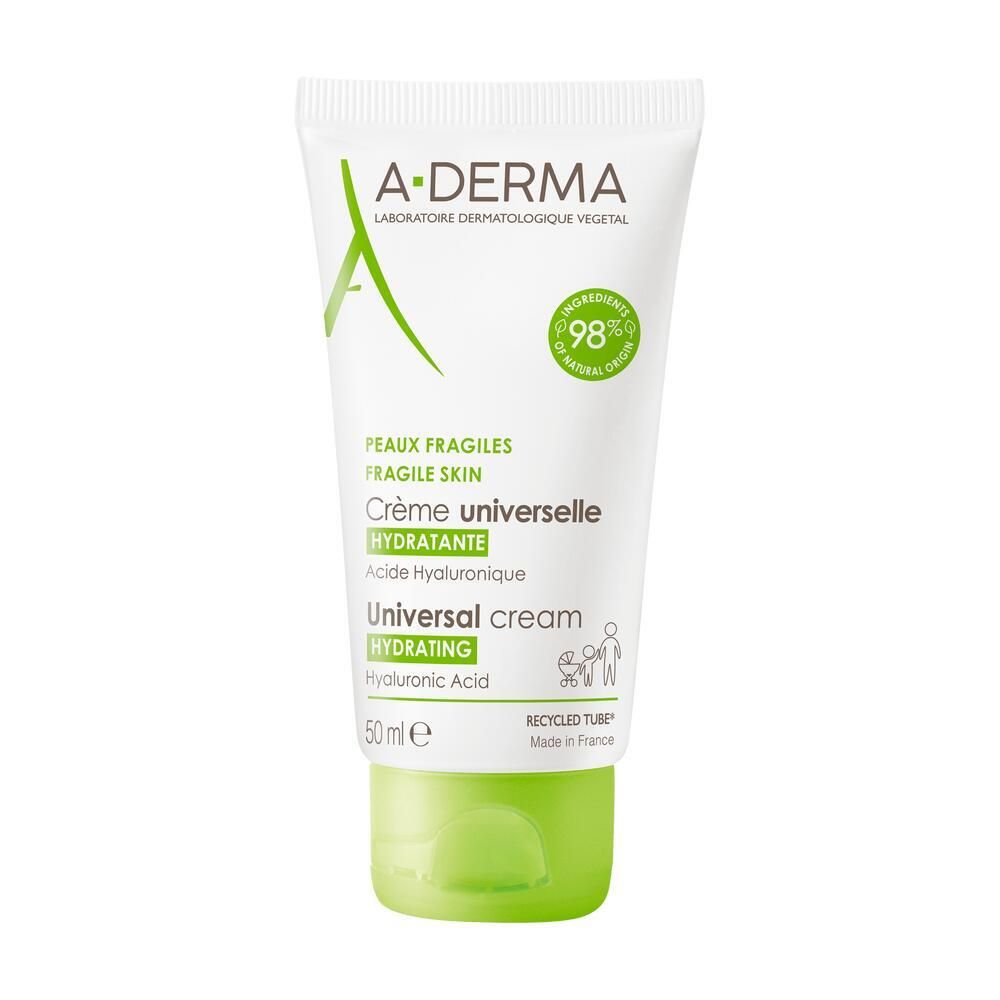 Tube blanc et vert. Inscription A-DERMA, Crème universelle hydratante, 98% ingrédients d'origine naturelle. 50 ml.