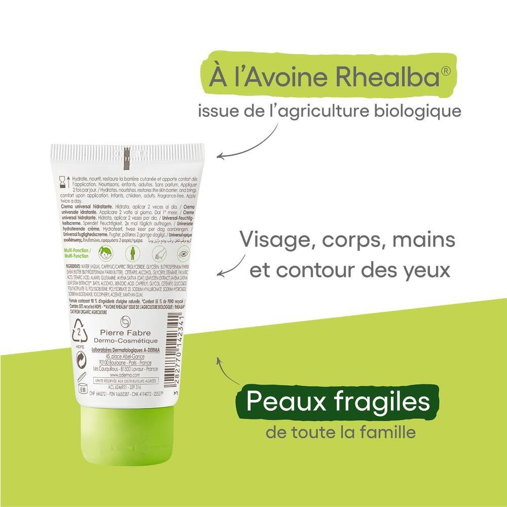 Dos du tube avec texte et flèches. Texte : À l'Avoine Rhealba, Visage, corps, mains et contour des yeux, Peaux fragiles.