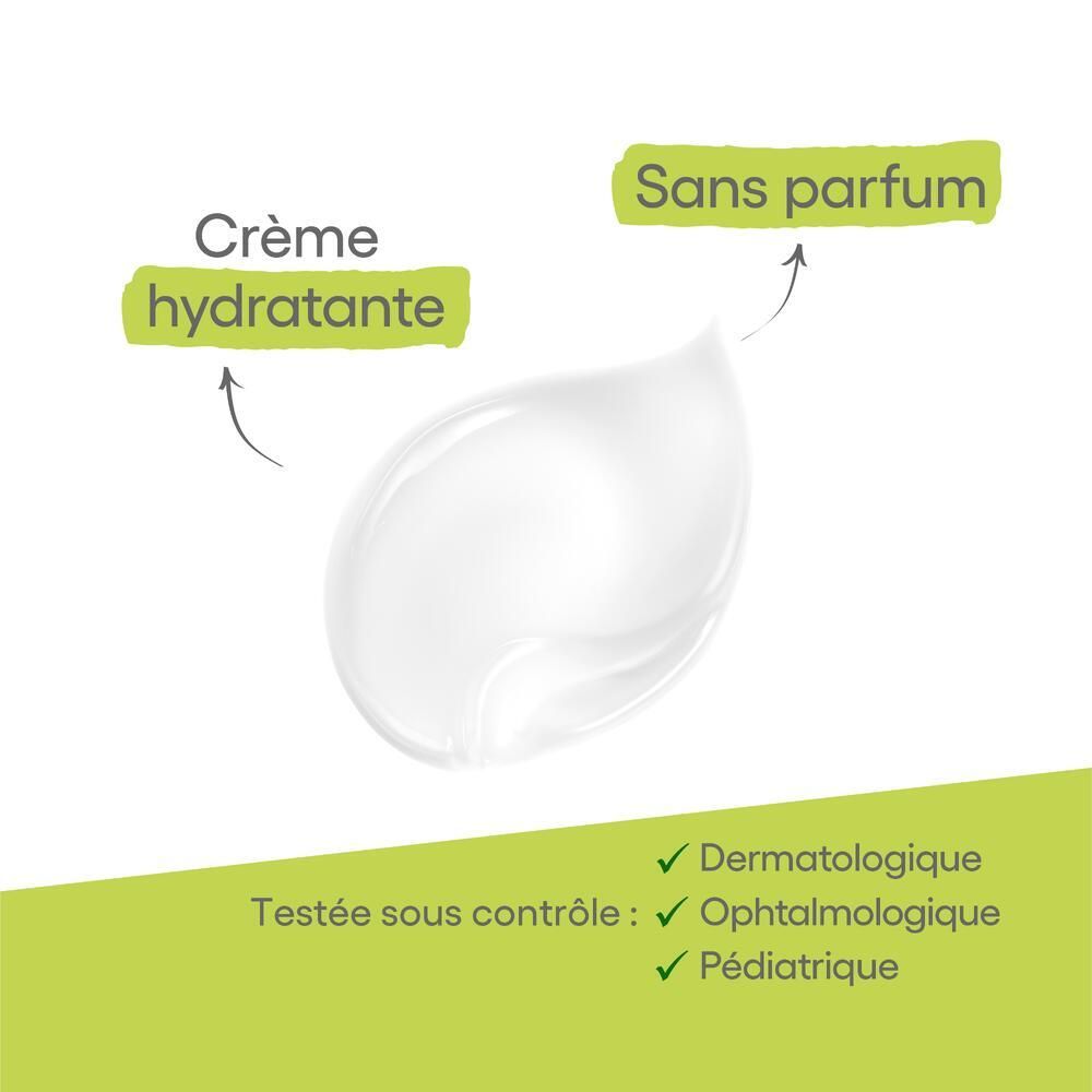 Échantillon de produit. Texte : Crème hydratante, Sans parfum. Certifications : Dermatologique, Ophtalmologique, Pédiatrique.