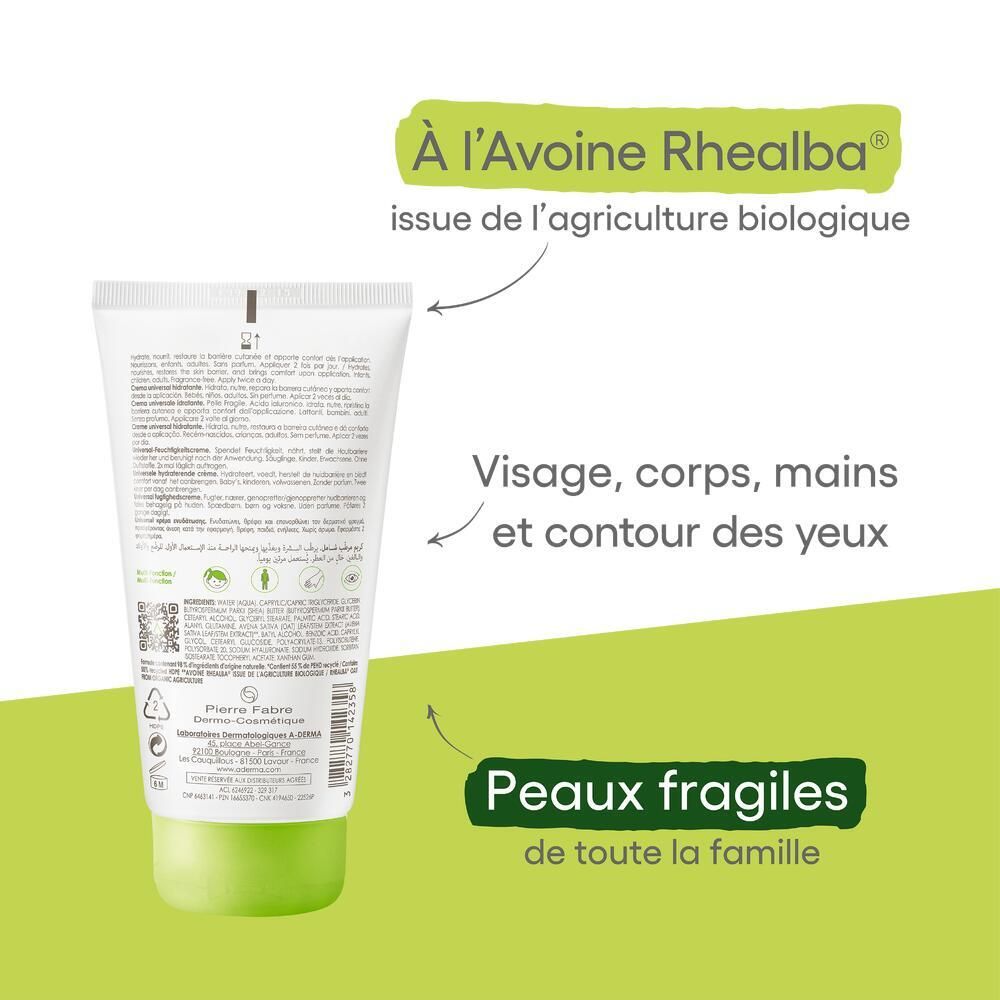 Dos du tube avec texte et flèches. Texte: À l'Avoine Rhealba, Visage, corps, mains et contour des yeux, Peaux fragiles.