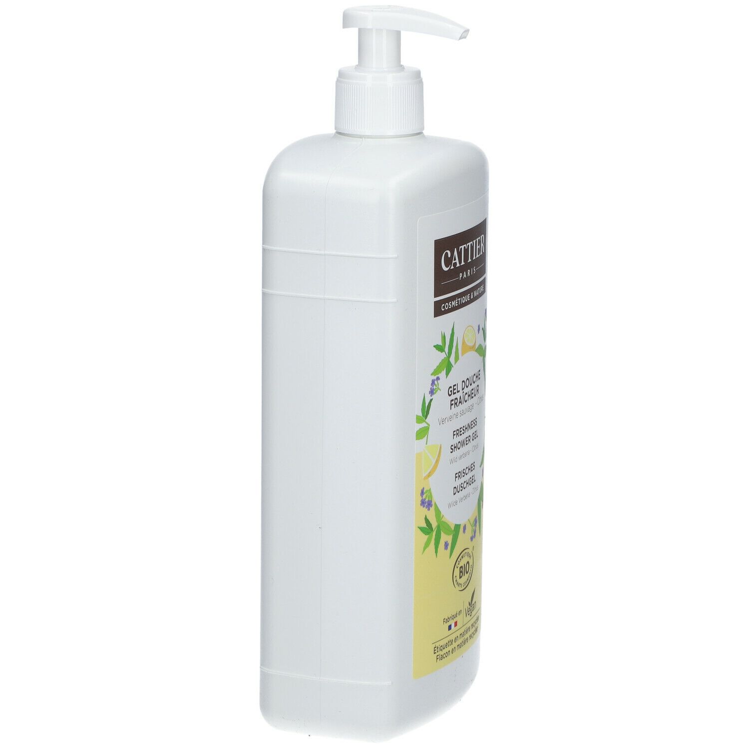 Flacon blanc avec pompe. Étiquette avec inscription CATTIER PARIS, Gel douche fraîcheur, certification Bio.