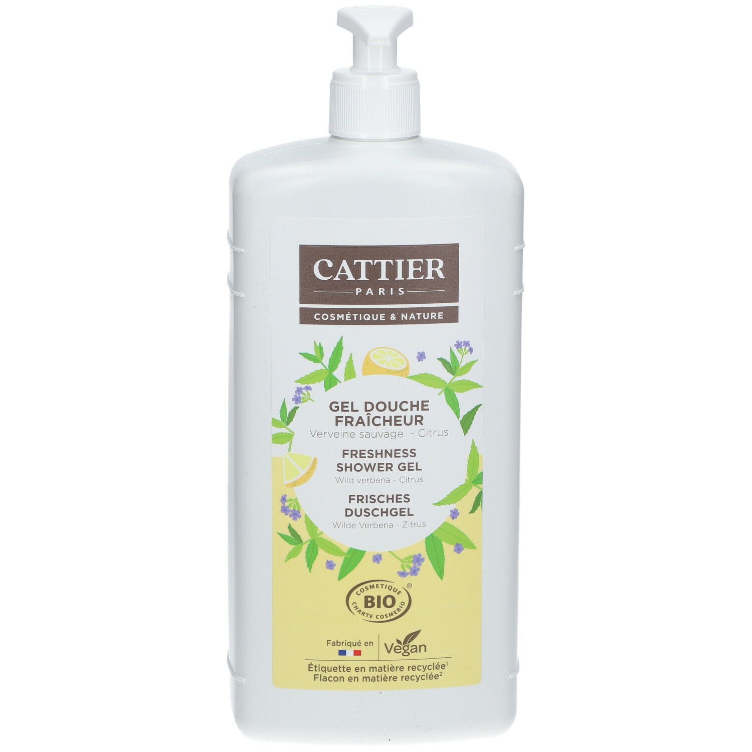 Flacon blanc avec étiquette. Inscription CATTIER PARIS, Gel douche fraîcheur, certification Bio, vegan.