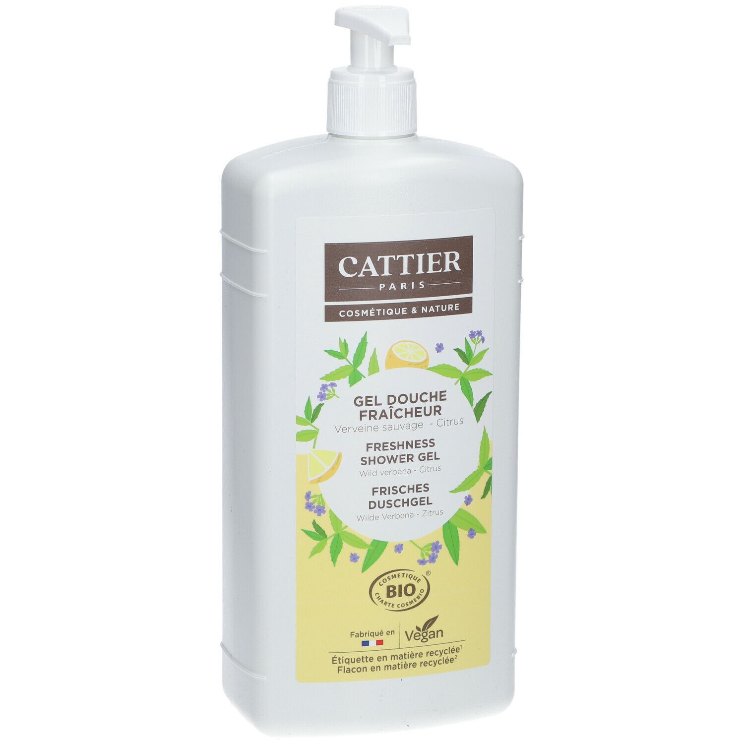 Flacon blanc avec étiquette. Inscription CATTIER PARIS, Gel douche fraîcheur, certification Bio, vegan.