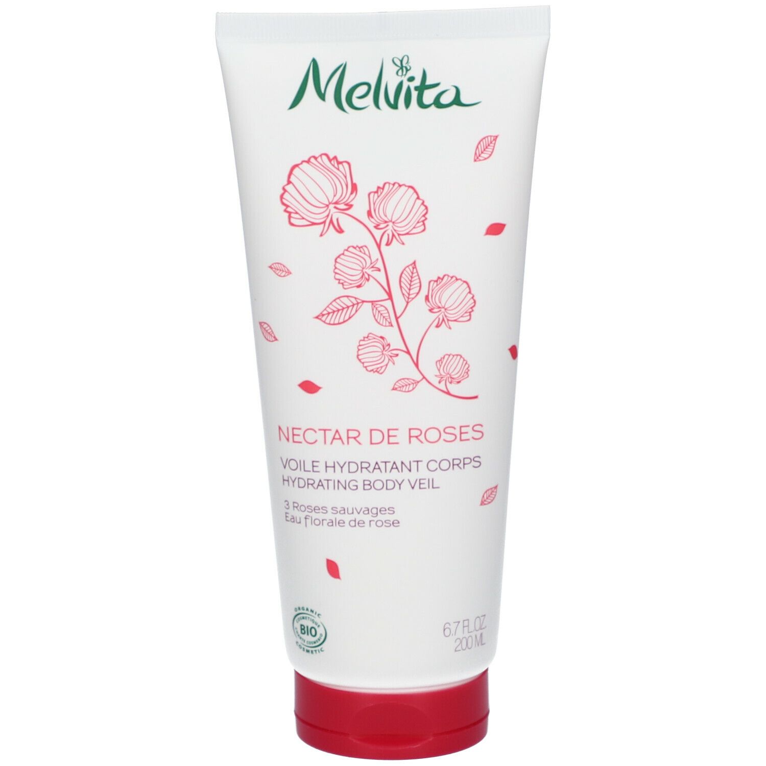 Weiße Tube mit rotem Verschluss. Aufdruck: Melvita, Nectar de Roses, Blütenzeichnung, Text.