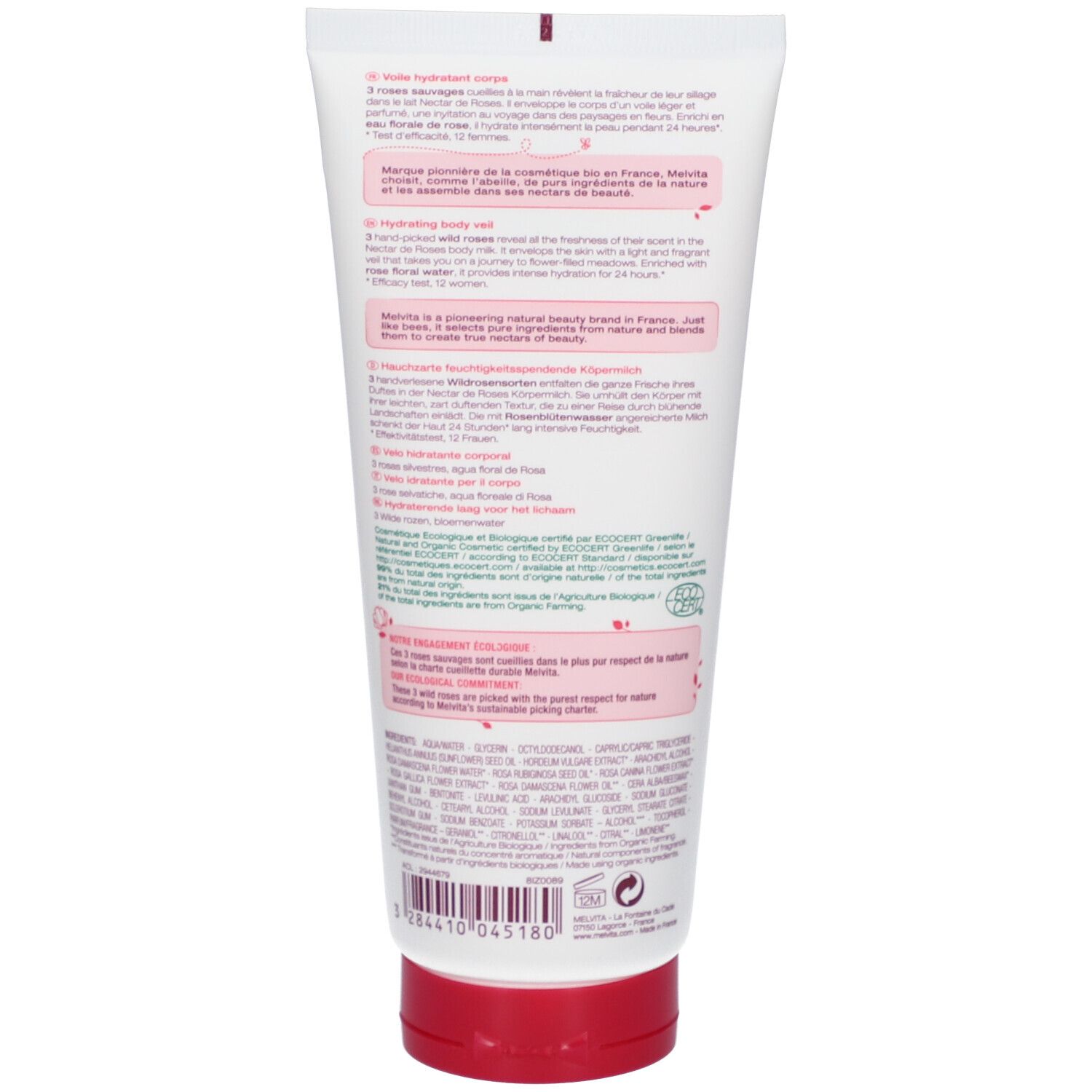 Rückseite der Tube. Text in mehreren Sprachen, darunter Deutsch. Grünes Bio-Siegel.