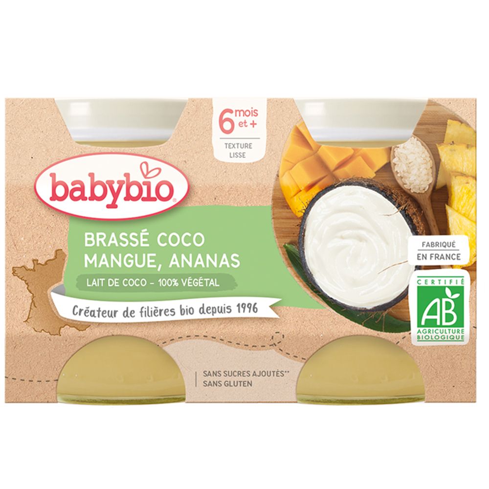 Babybio BRASSÉ COCO MANGUE ANANAS, 6 Monate+. Verpackung mit 2 Schalen und 2 Portionen. AB-Bio-Zertifizierung. Kokos, Mango, Ananas.
