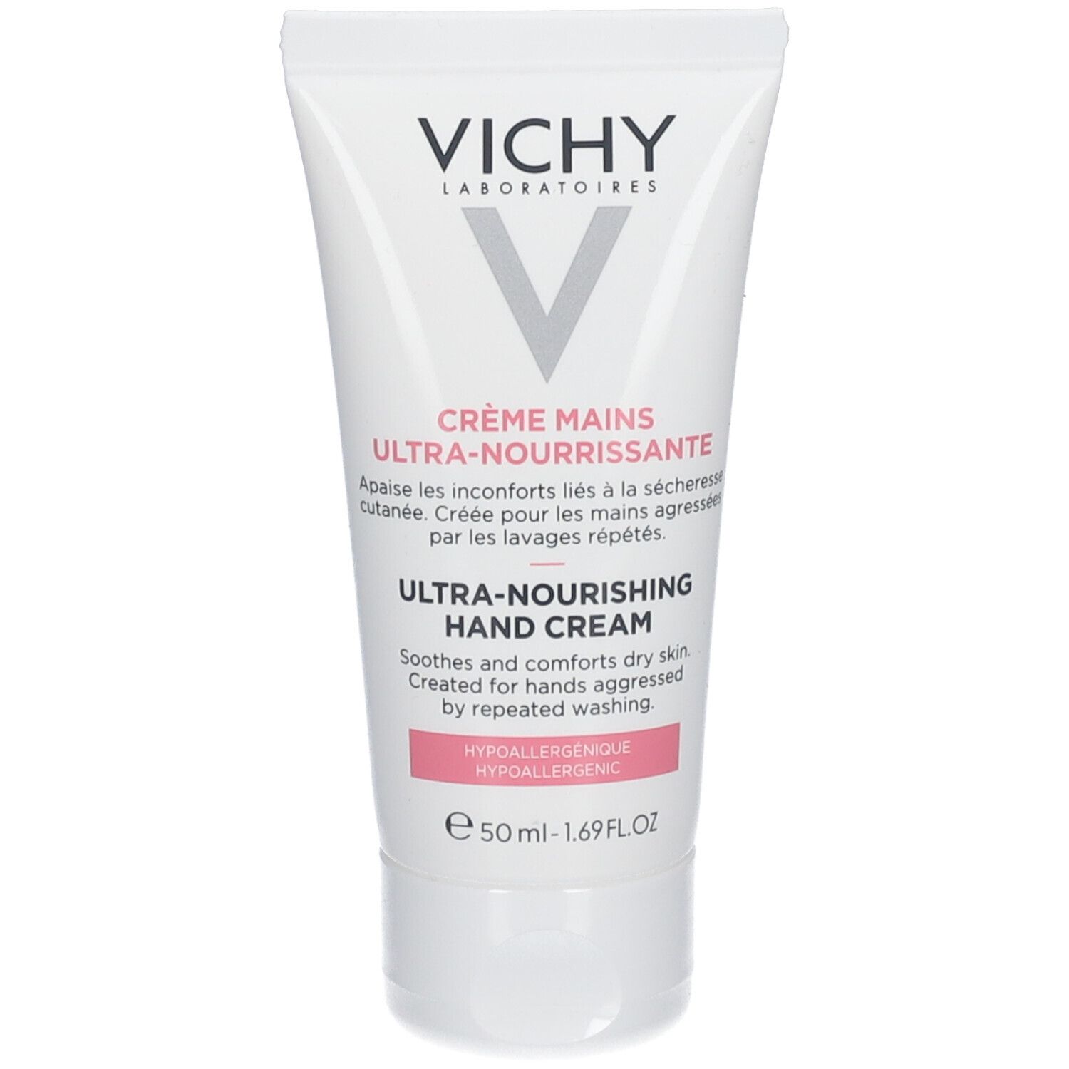 Tube blanc VICHY. Texte "Crème Mains Ultra-nourrissante" et "Ultra-nourishing Hand Cream". Inscription "Hypoallergénique".