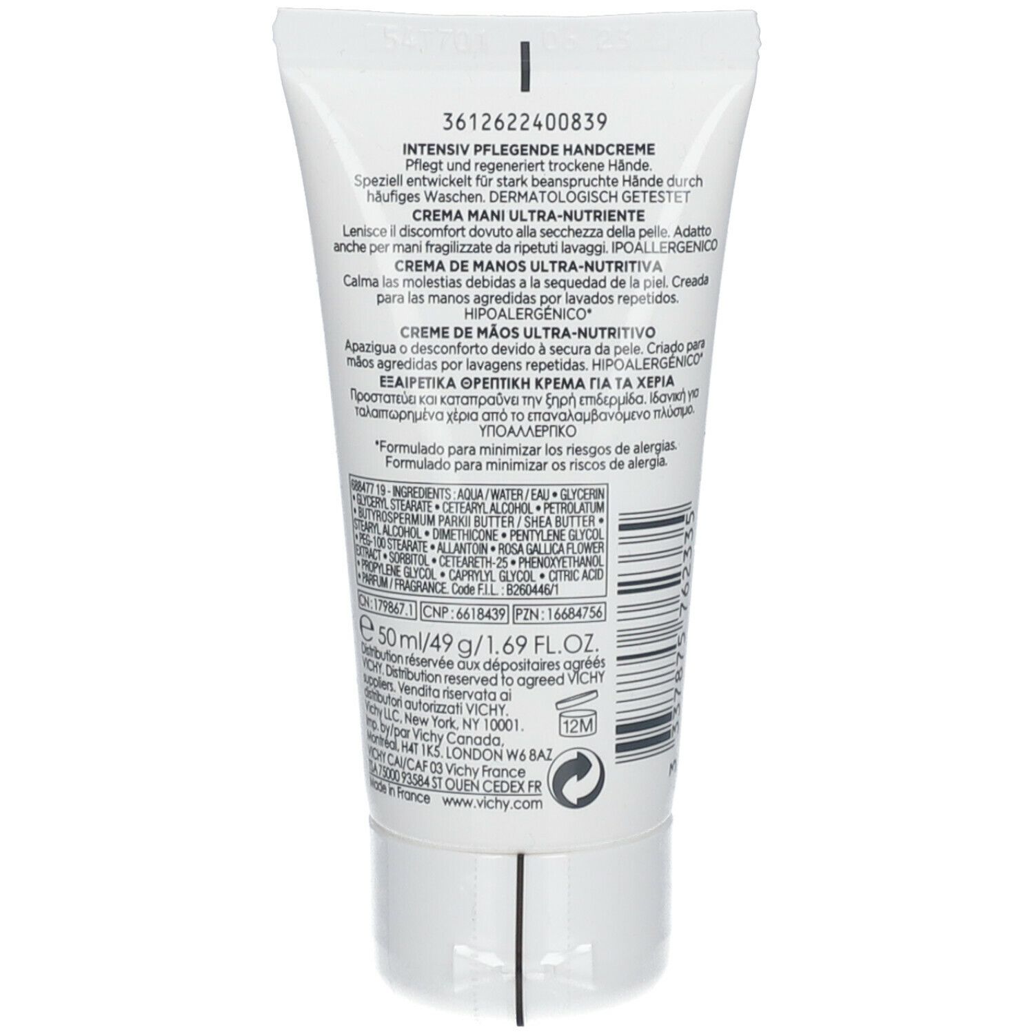 Dos du tube. Texte "Crème Mains Ultra-nutritive". Ingrédients et informations fabricant visibles.