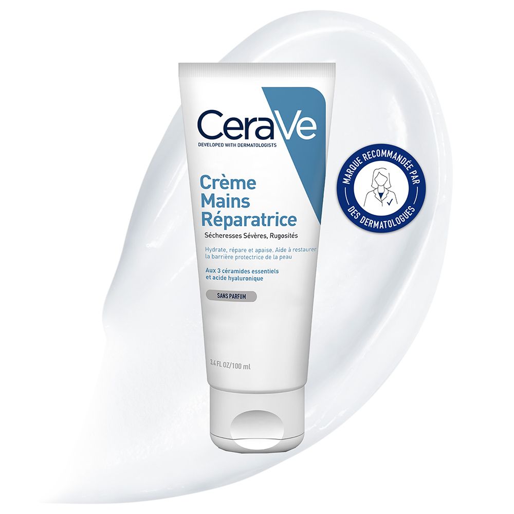 Tube blanc, détails bleus. Inscription CeraVe, Crème Mains Réparatrice. Recommandé par les dermatologues. Sans parfum.