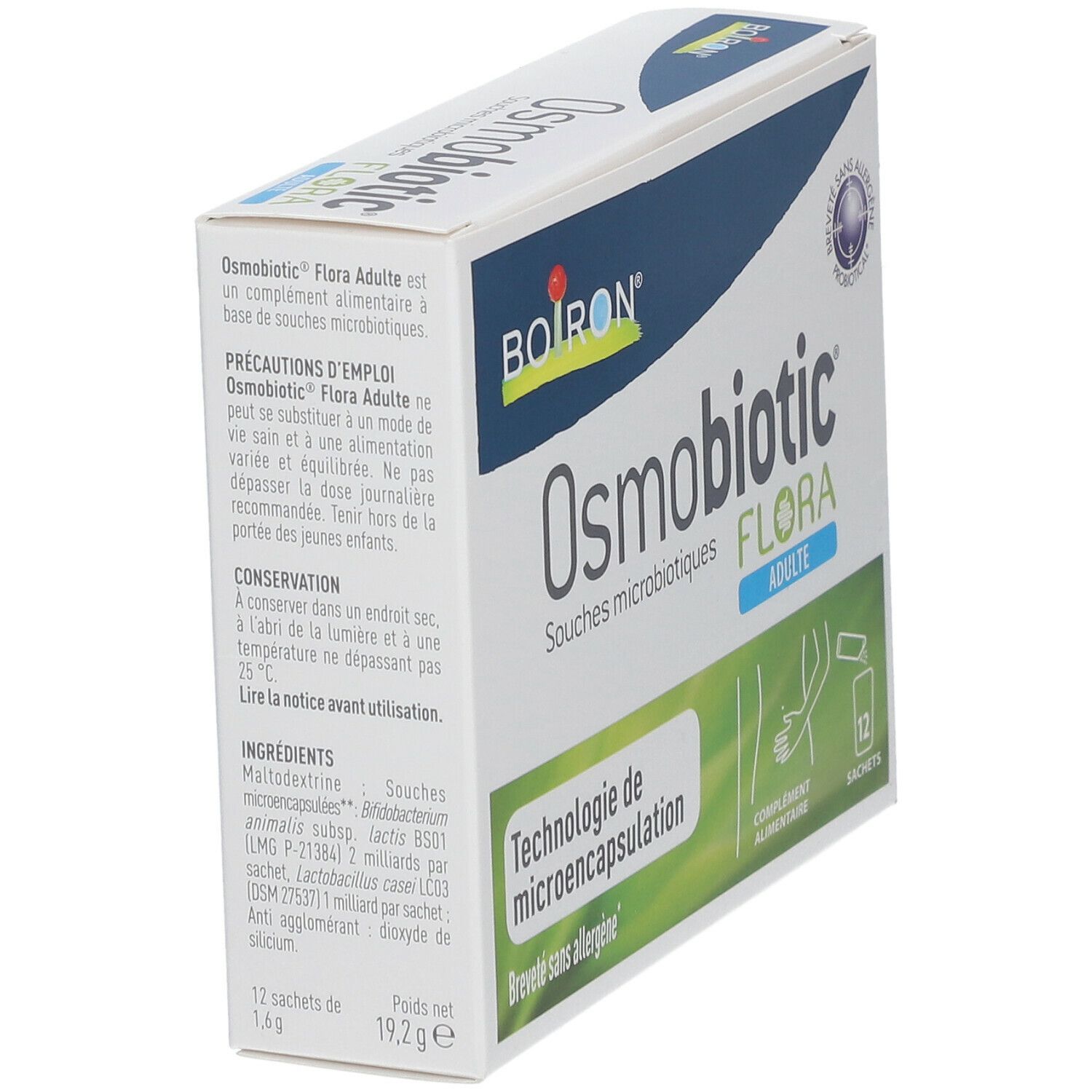 Boîte BOIRON® Osmobiotic® Flora Adulte. 12 sachets. Technologie de microencapsulation. Breveté sans allergène.