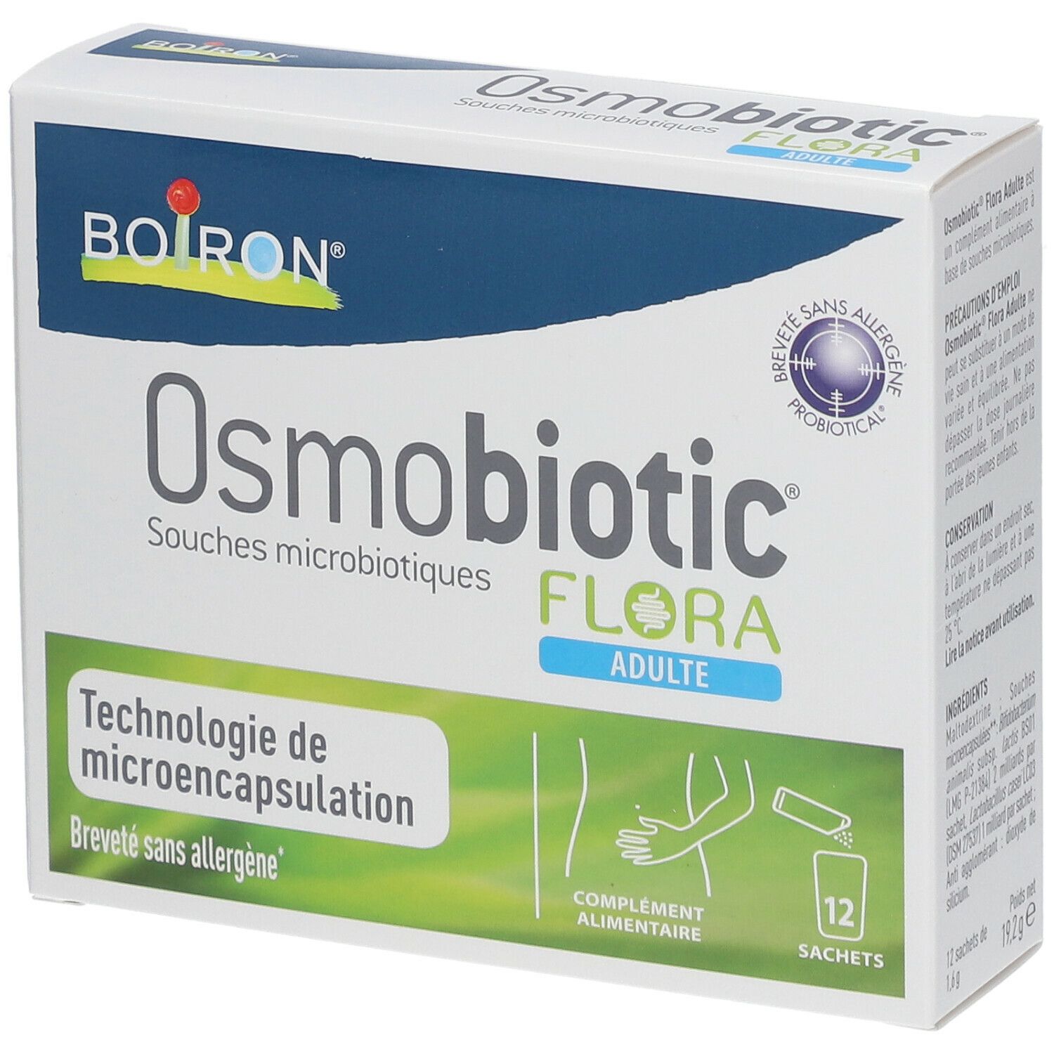 Boîte BOIRON® Osmobiotic® Flora Adulte. 12 sachets. Technologie de microencapsulation. Breveté sans allergène.