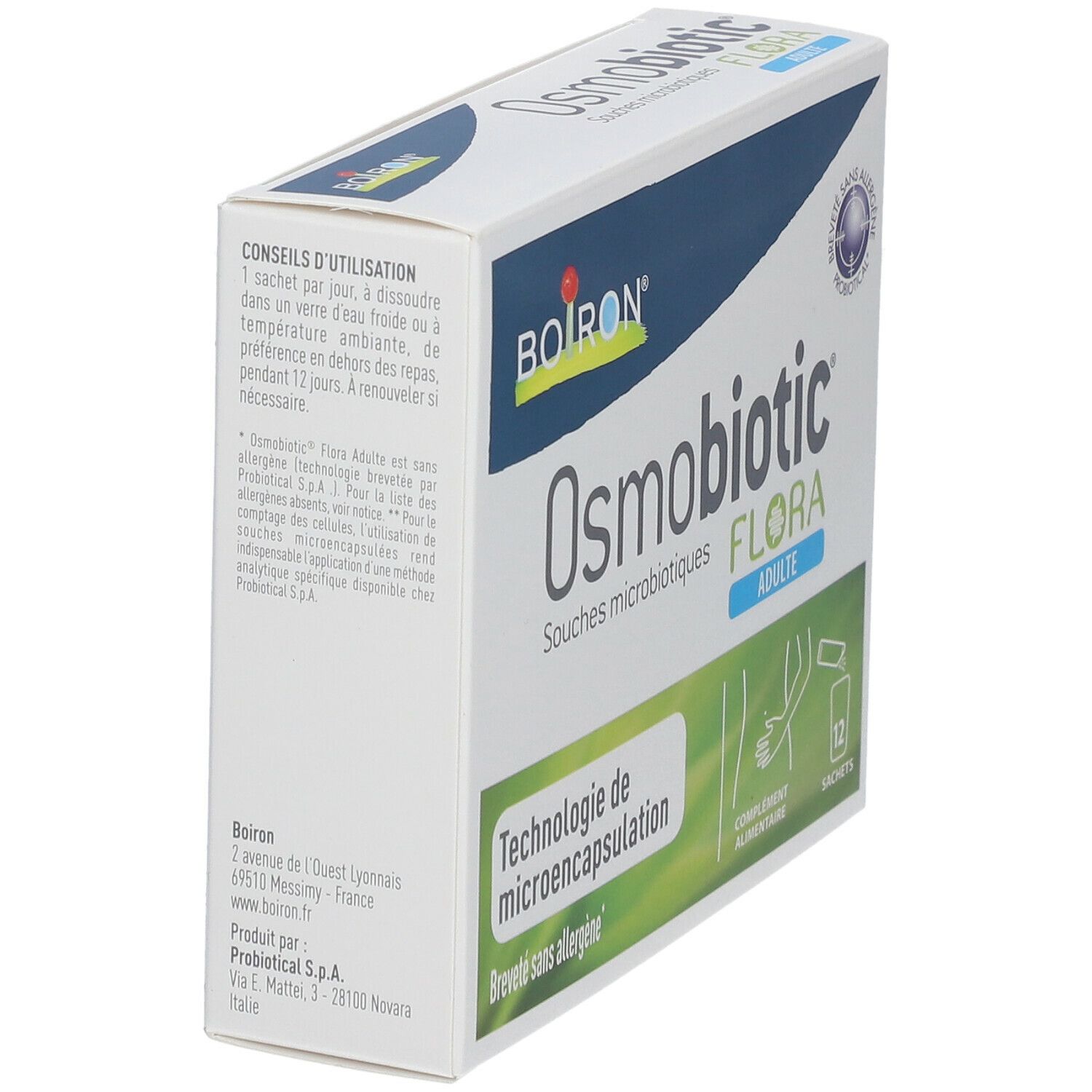 Boîte BOIRON® Osmobiotic® Flora Adulte. 12 sachets. Technologie de microencapsulation. Breveté sans allergène.