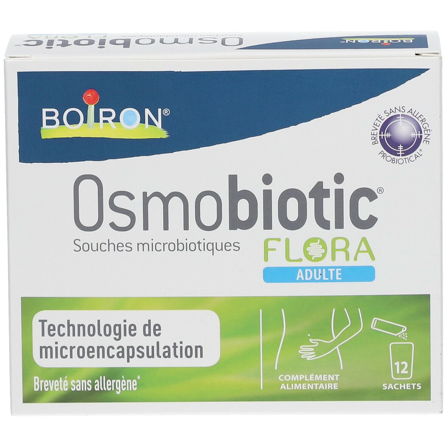Boîte BOIRON® Osmobiotic® Flora Adulte. 12 sachets. Technologie de microencapsulation. Breveté sans allergène.