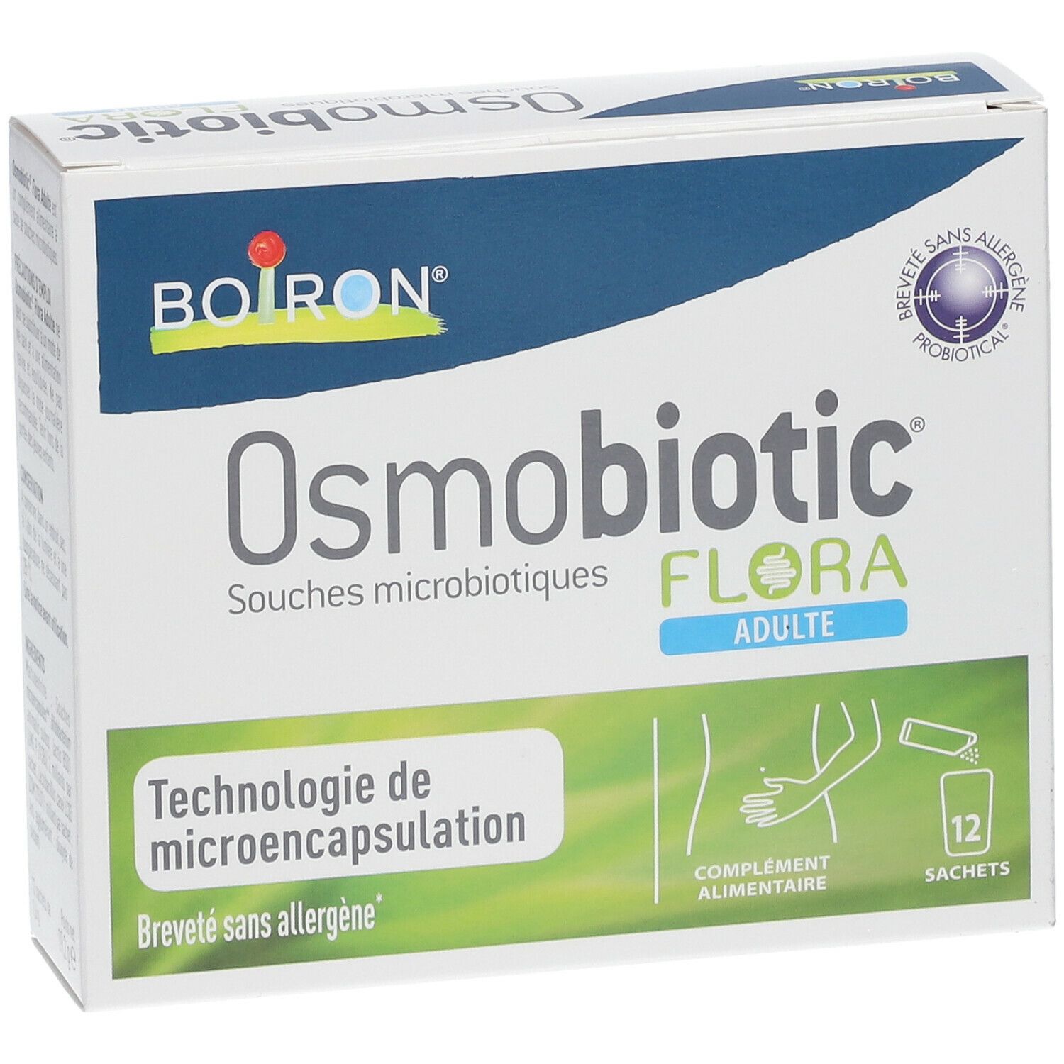 Boîte BOIRON® Osmobiotic® Flora Adulte. 12 sachets. Technologie de microencapsulation. Breveté sans allergène.